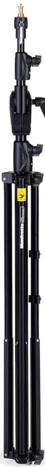 Un supporto per luci Manfrotto nero con sezioni regolabili e uno spinotto dorato, su sfondo bianco.