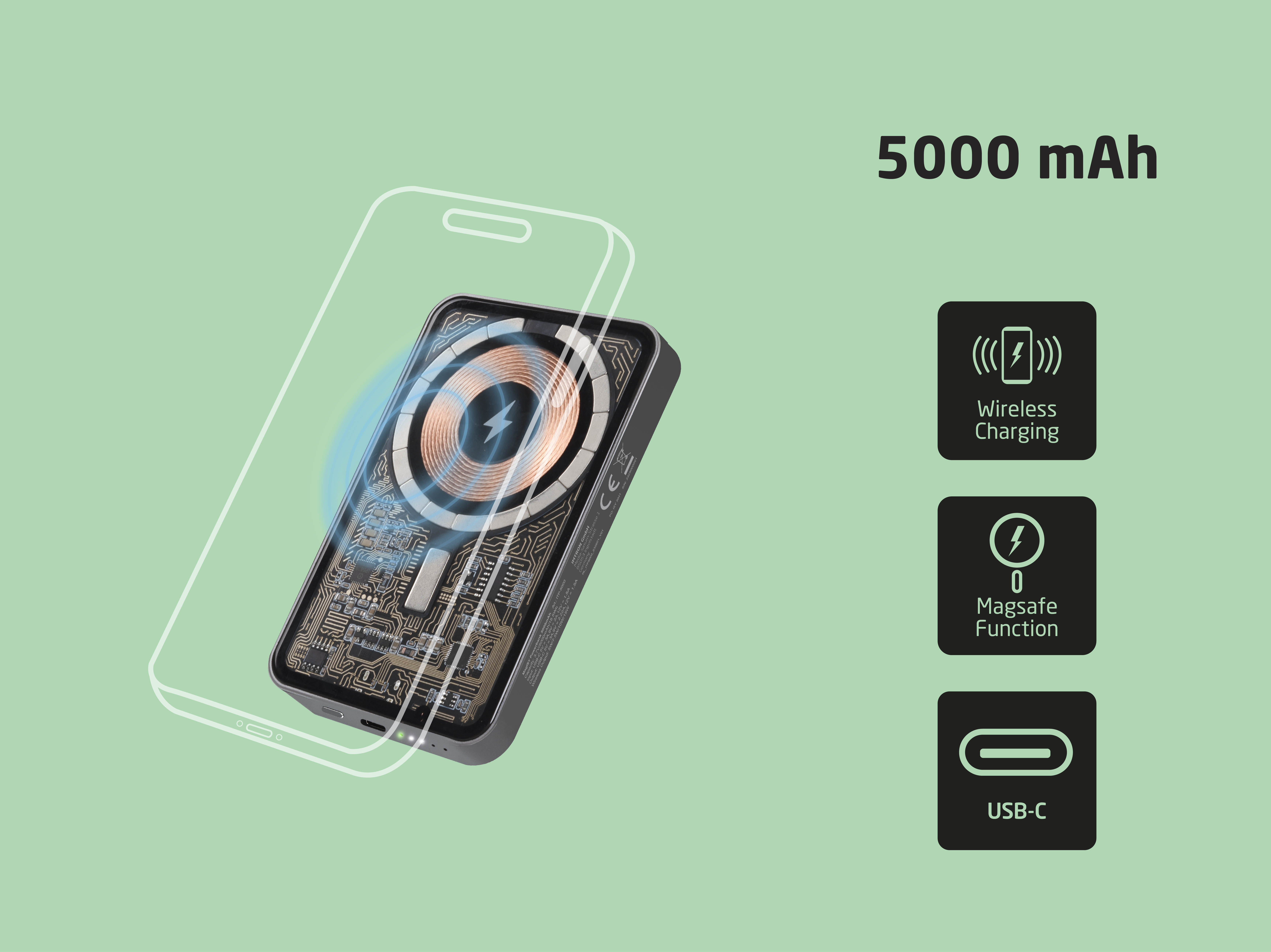 Batería externa de 5000 mAh con carga inalámbrica, función Magsafe y USB-C sobre fondo verde.