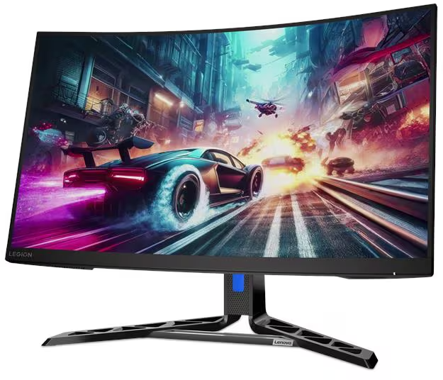 Egy ívelt Lenovo Legion monitor gyors tempójú akciómotívumot mutat egy versenyautóval egy sci-fi városban.