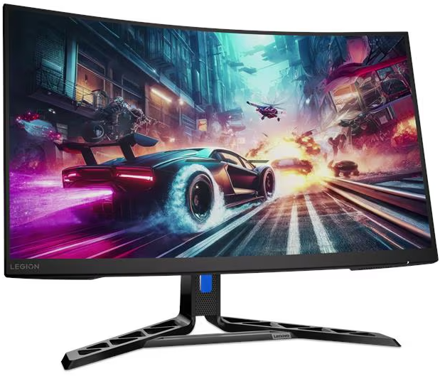 Egy ívelt Lenovo Legion gaming monitor színes versenyzős jelenetet mutat egy sportautóval.