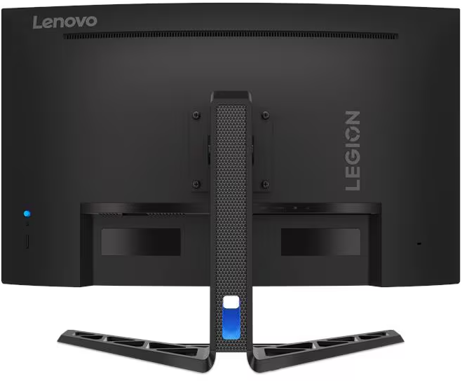 A fekete Lenovo Legion monitor hátulnézete az állvánnyal és a kék megvilágítású alappal.