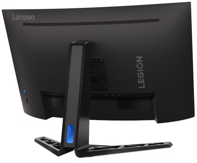 Egy fekete Lenovo Legion hajlított monitor hátulnézete erős állvánnyal.