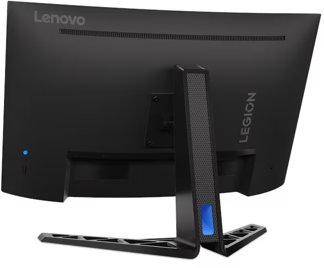 Fekete Lenovo Legion ívelt monitor hátoldala robusztus, szögletes állvánnyal, fehér háttér előtt.