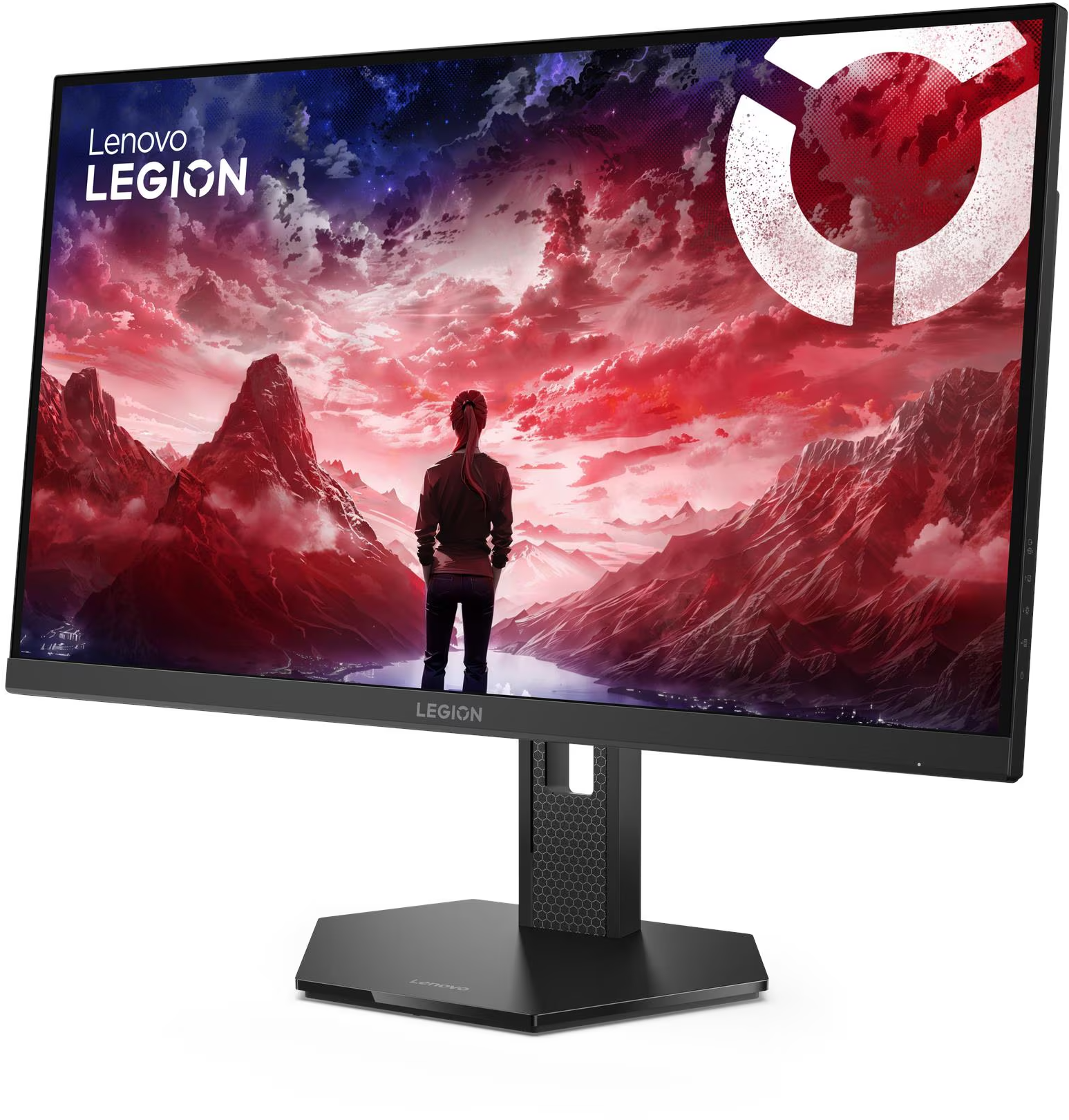 Lenovo Legion gamer monitor, vörös hegyi tájjal és egy személlyel.