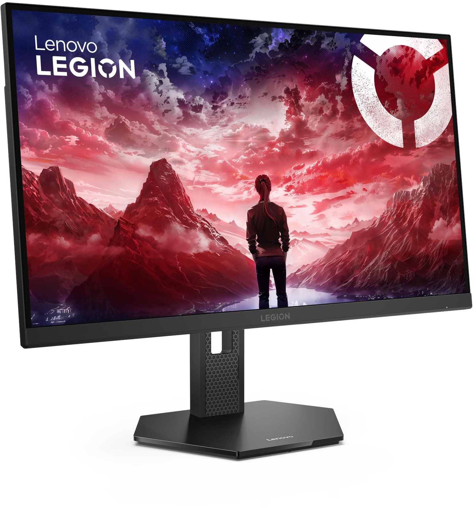 Lenovo Legion gamer monitor vörös fantasy tájképes háttérképpel.