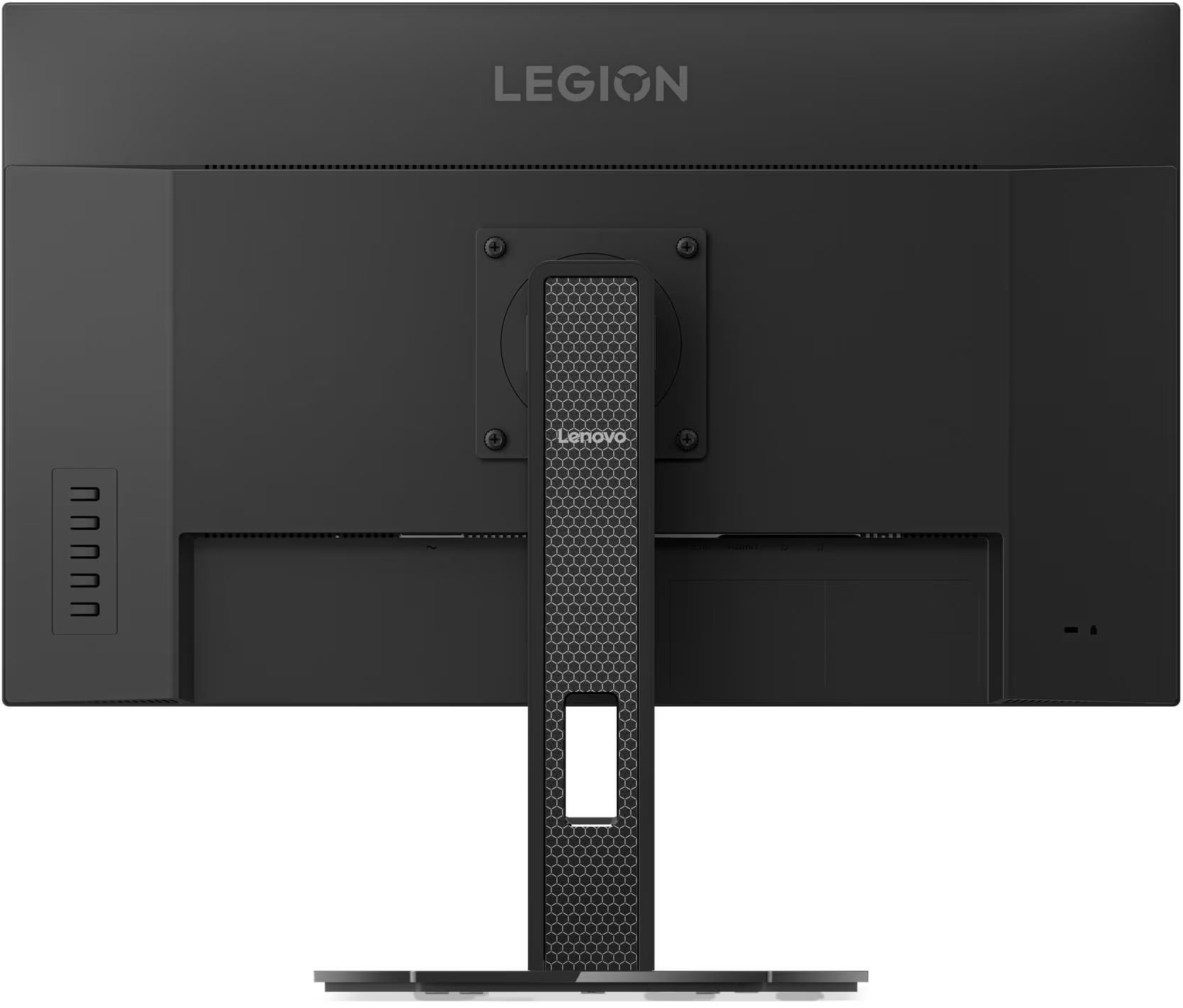 Egy fekete Lenovo Legion monitor hátulja VESA tartóval és beépített állvánnyal.