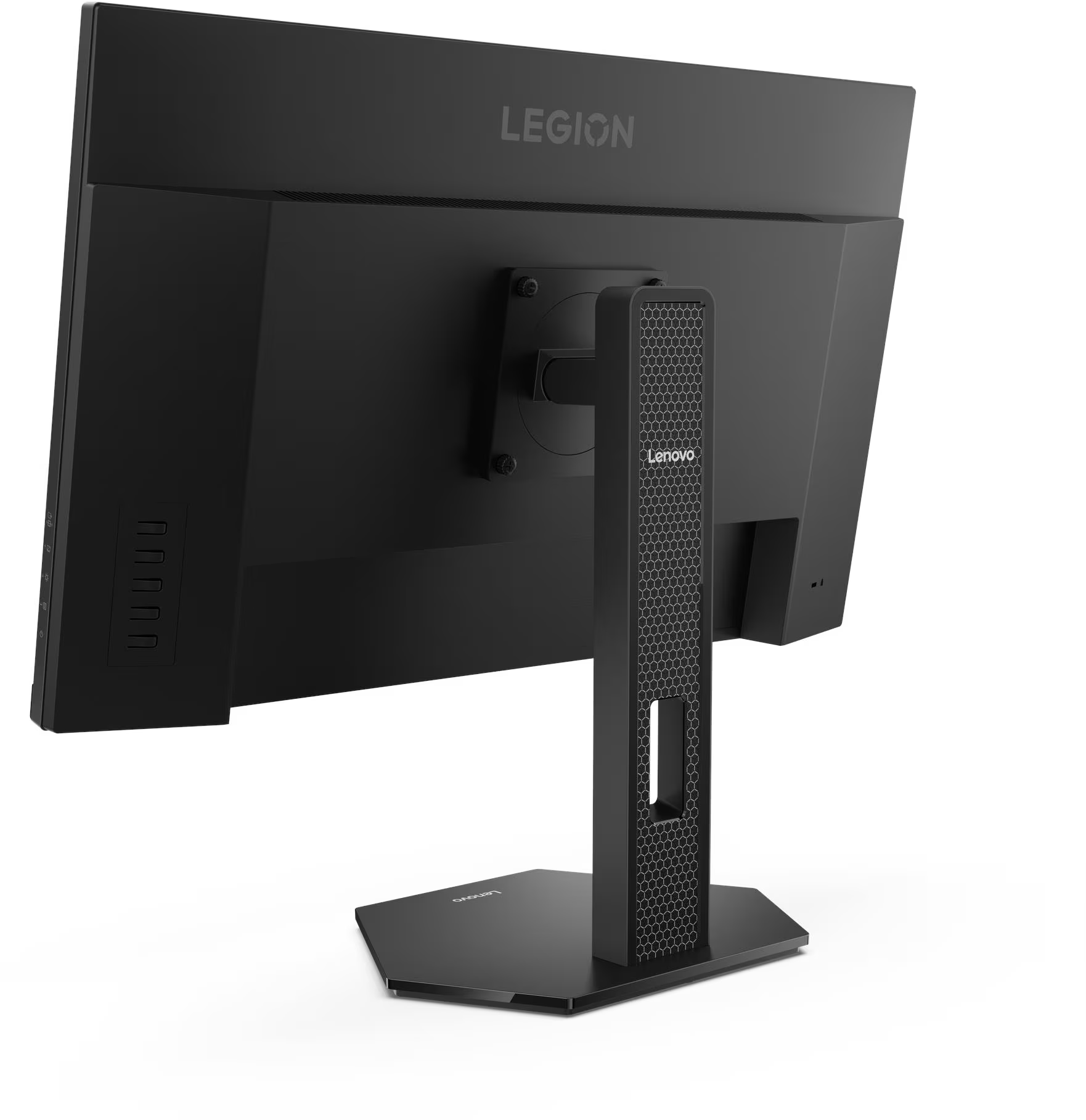 Fekete Lenovo Legion monitor hátulnézete állvánnyal, fehér háttér előtt.