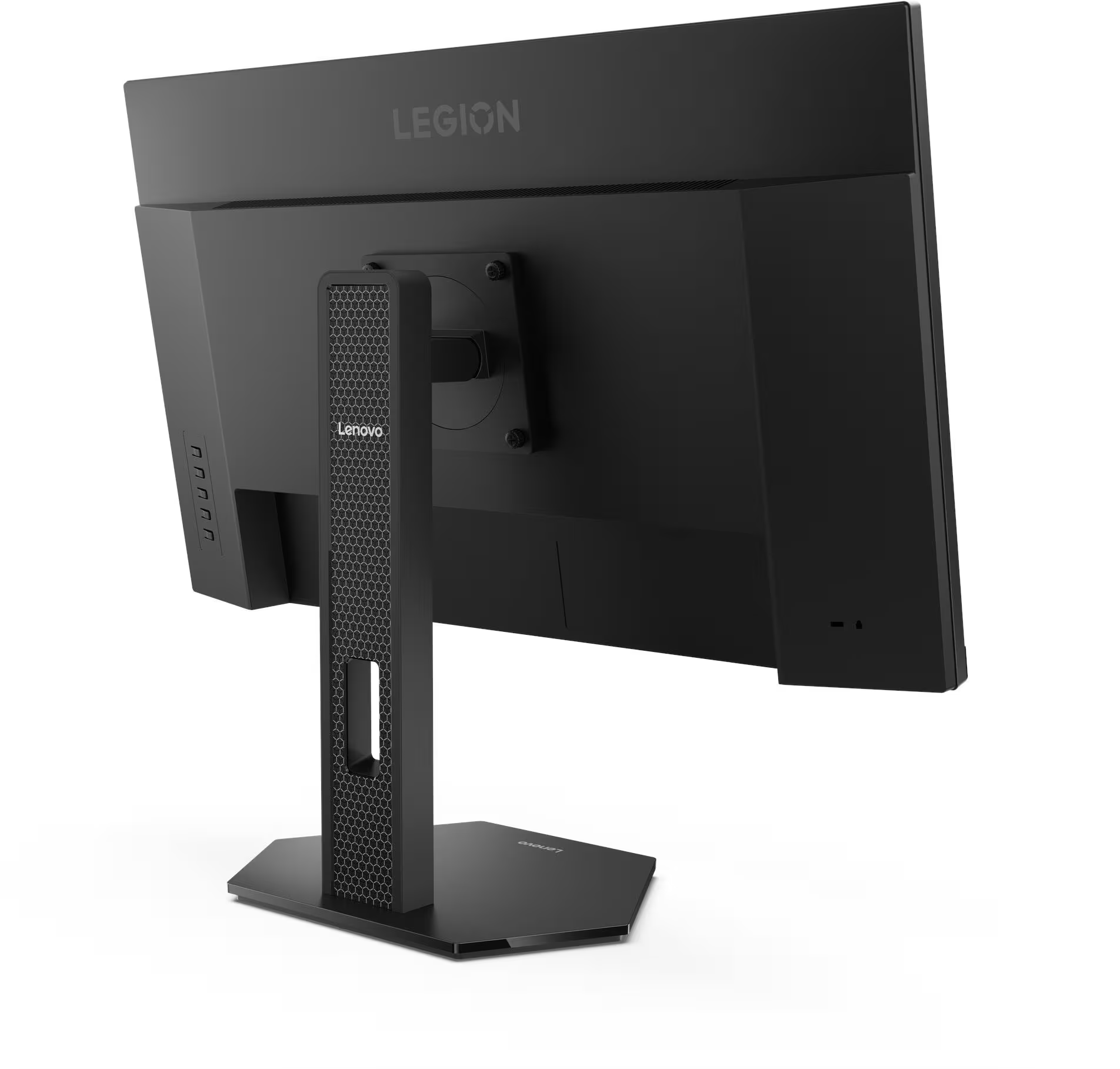Egy fekete Lenovo Legion számítógép-monitor hátulnézete állvánnyal, fehér háttér előtt.