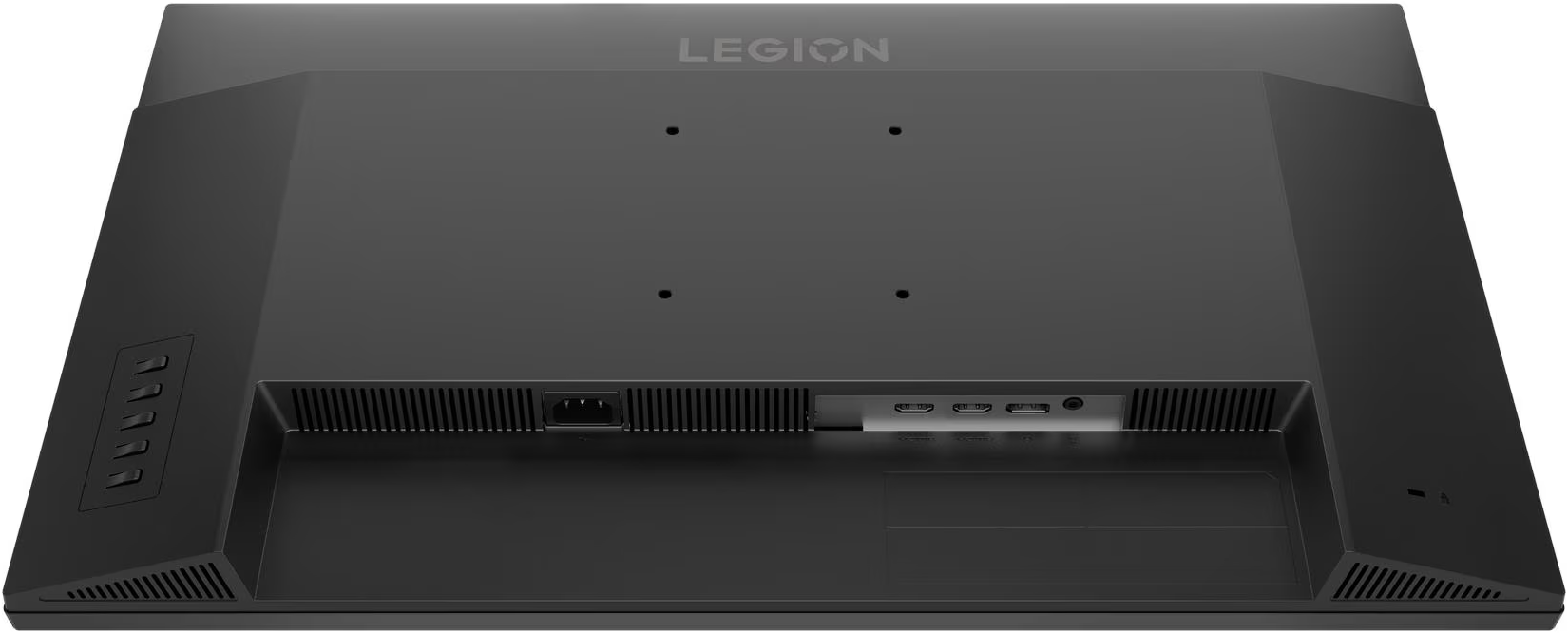 Fekete színű Lenovo Legion monitor hátoldala VESA tartóval, csatlakozókkal és vezérlőgombokkal.