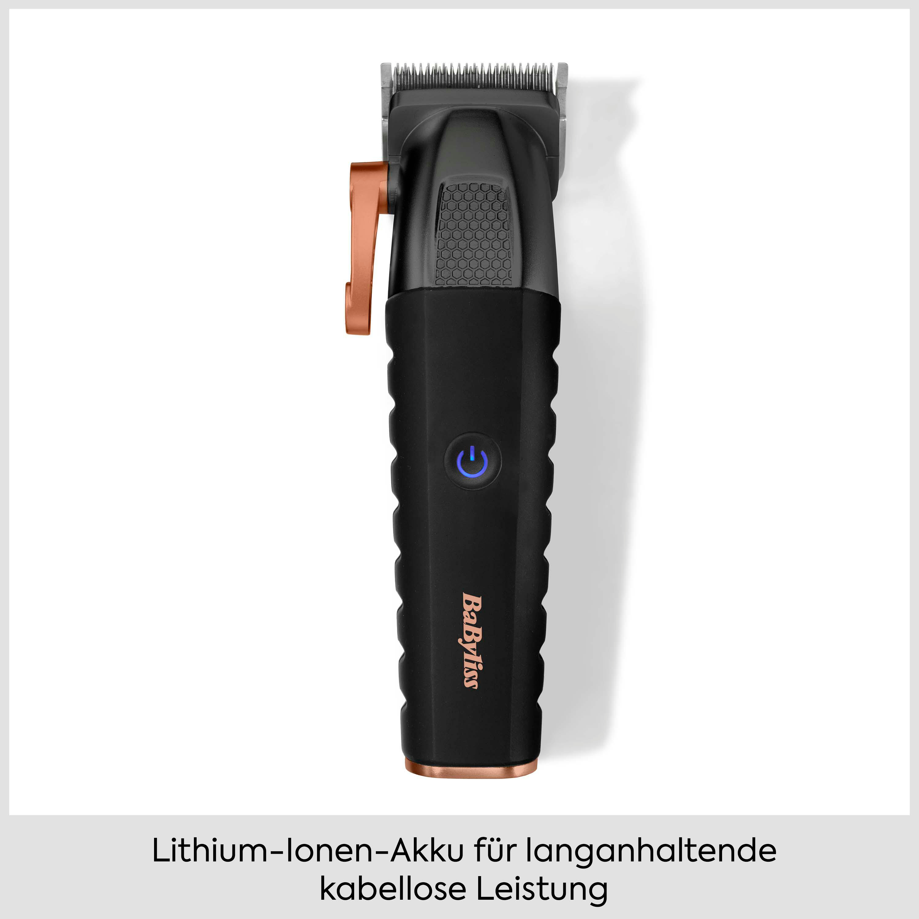 Schwarzer BaByliss Haarschneider mit bronzefarbenen Akzenten, blauem Ein/Aus-Knopf und silbernen Klingen.