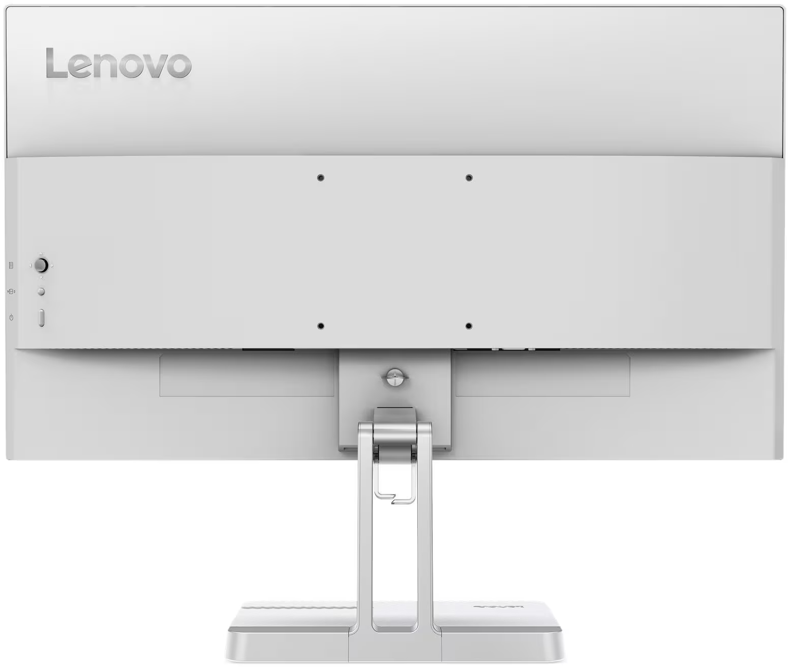 Fehér Lenovo monitor hátulja állvánnyal és VESA rögzítéssel.
