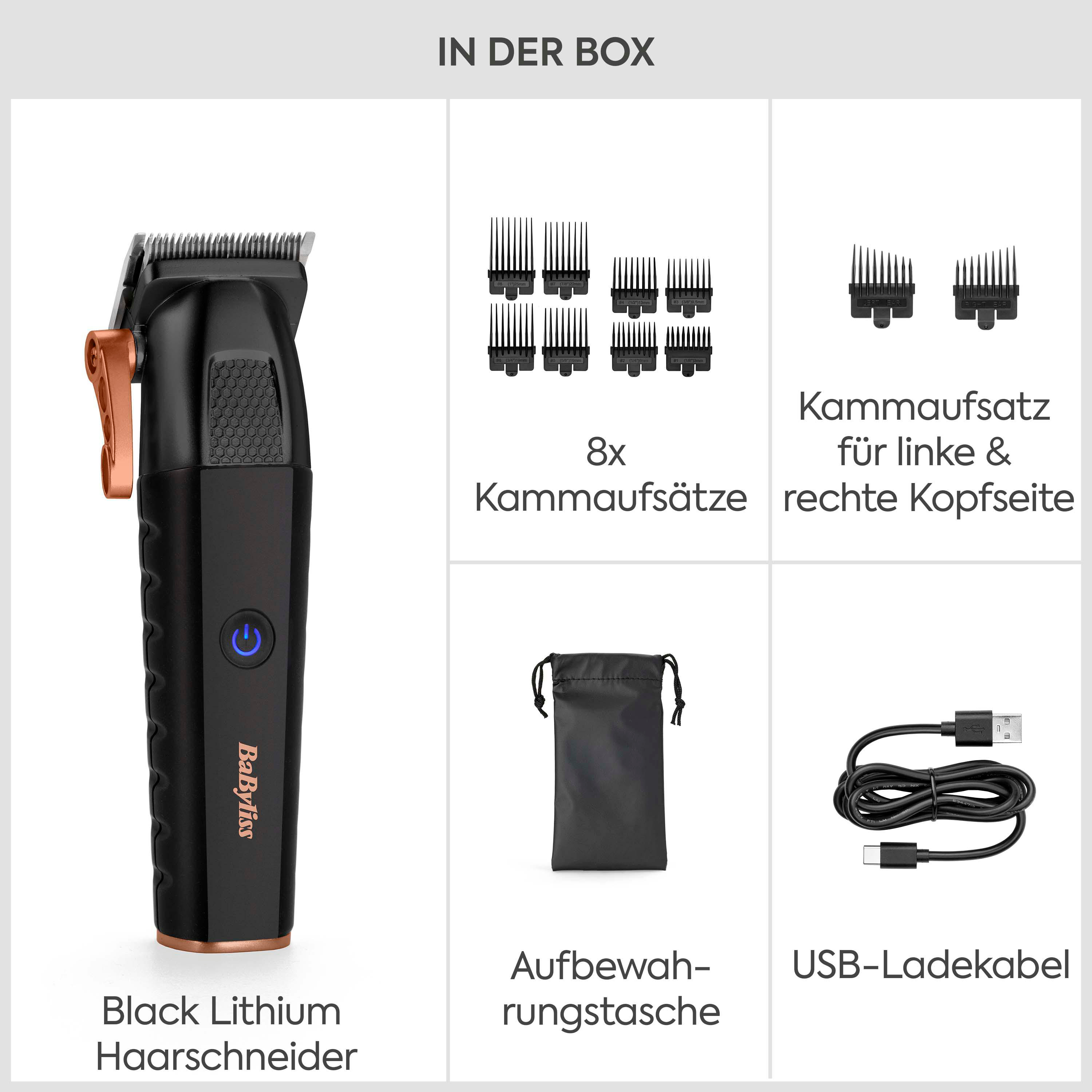 BaByliss Black Lithium Haarschneider mit 8 Kammaufsätzen, Tasche und USB-Kabel.