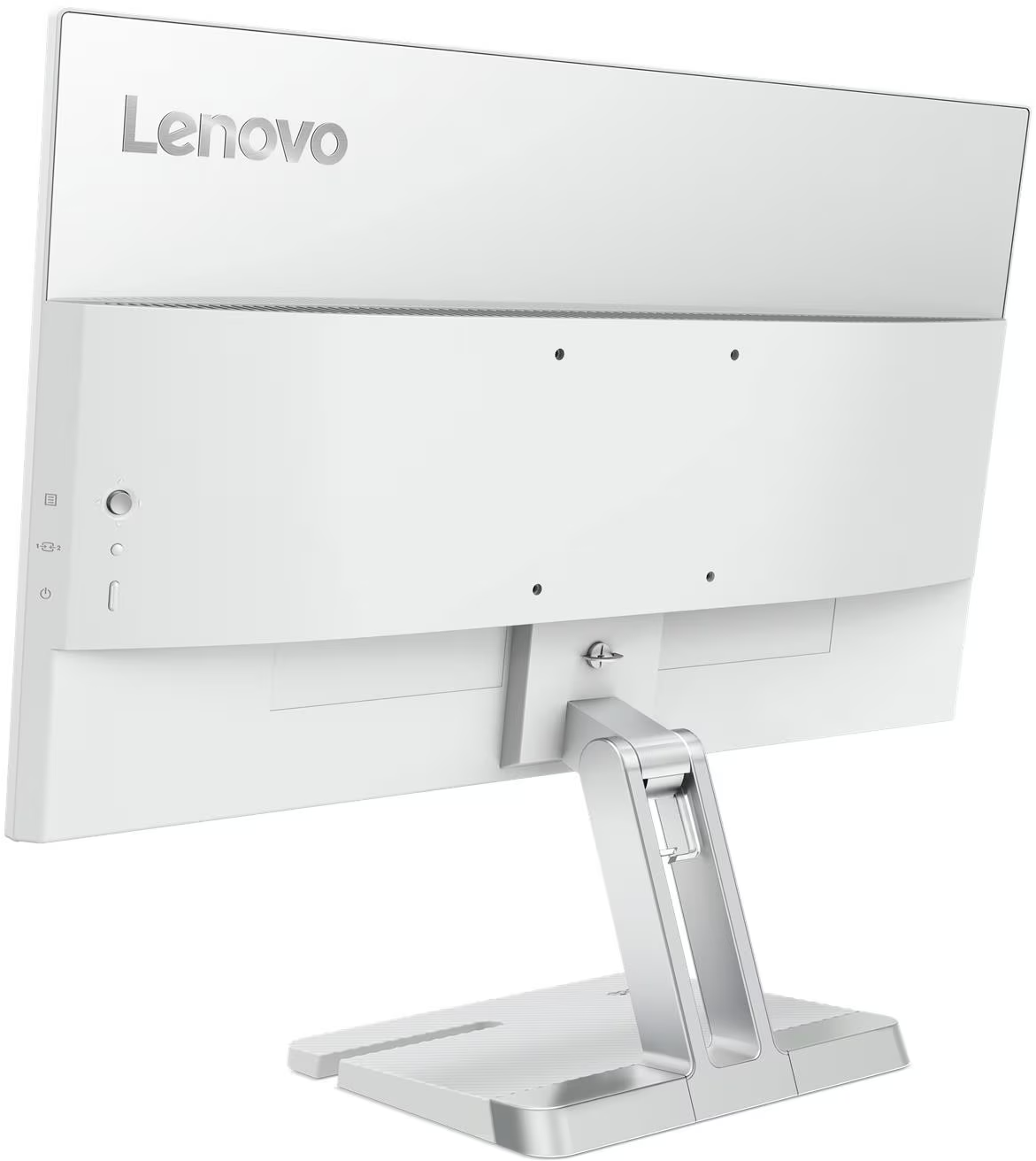 Egy fehér Lenovo monitor hátoldala ezüst állvánnyal és gombokkal a bal oldalon.