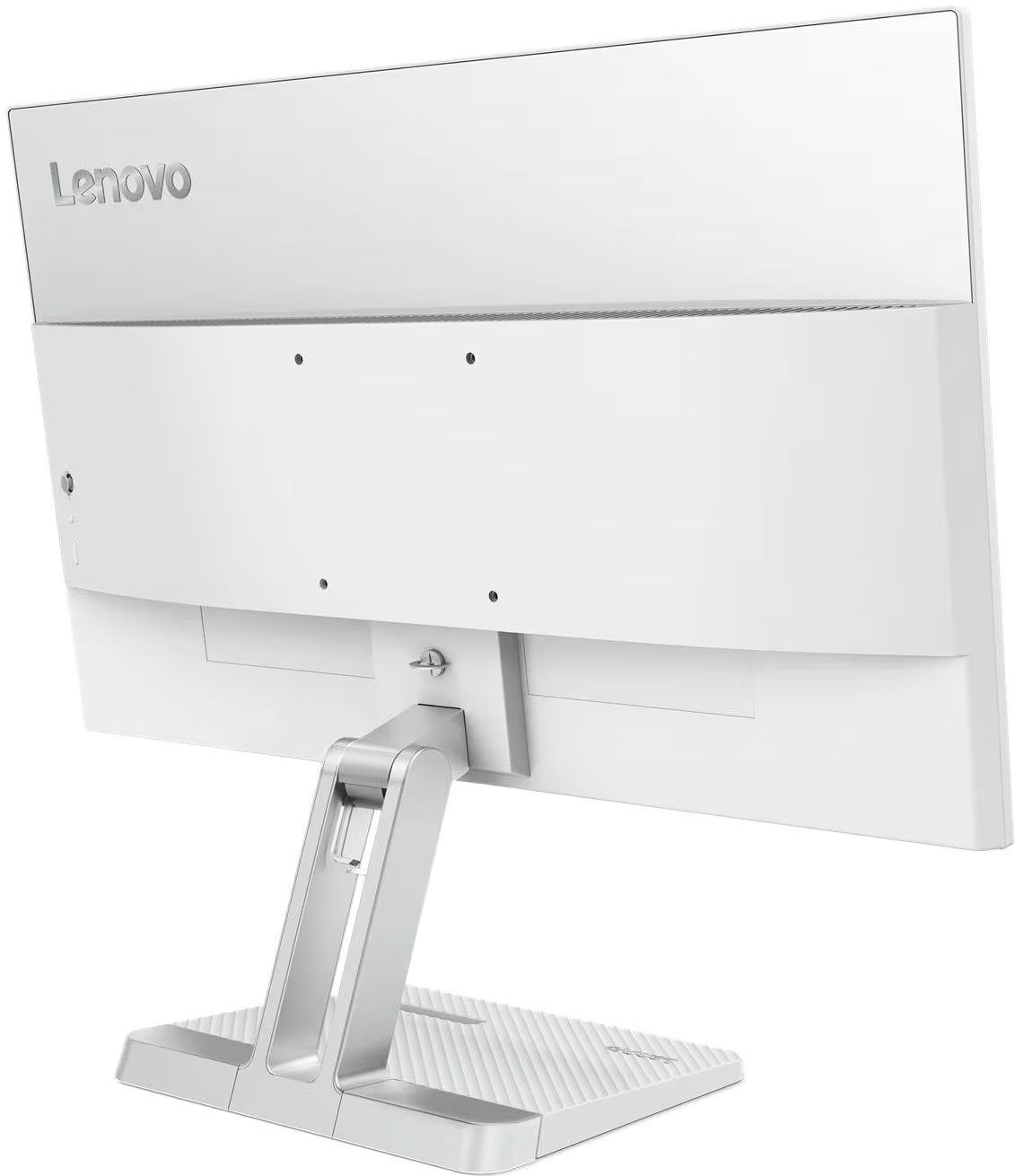 Egy fehér Lenovo monitor hátulja ezüst színű állvánnyal világos háttér előtt.