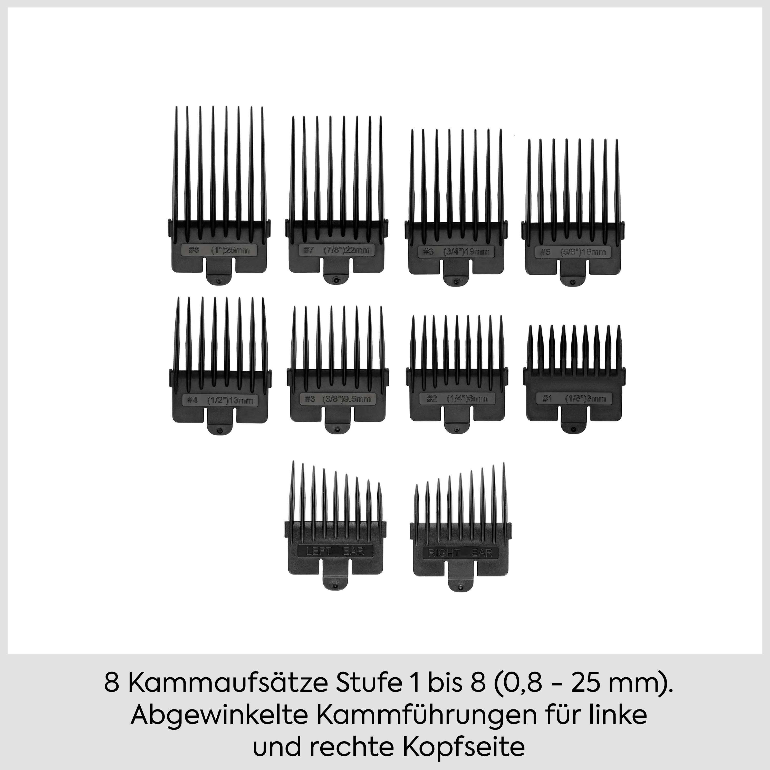 Acht schwarze Haarschneidemaschine-Kammaufsätze in verschiedenen Größen von 1 bis 8 sowie für linke und rechte Ohren.