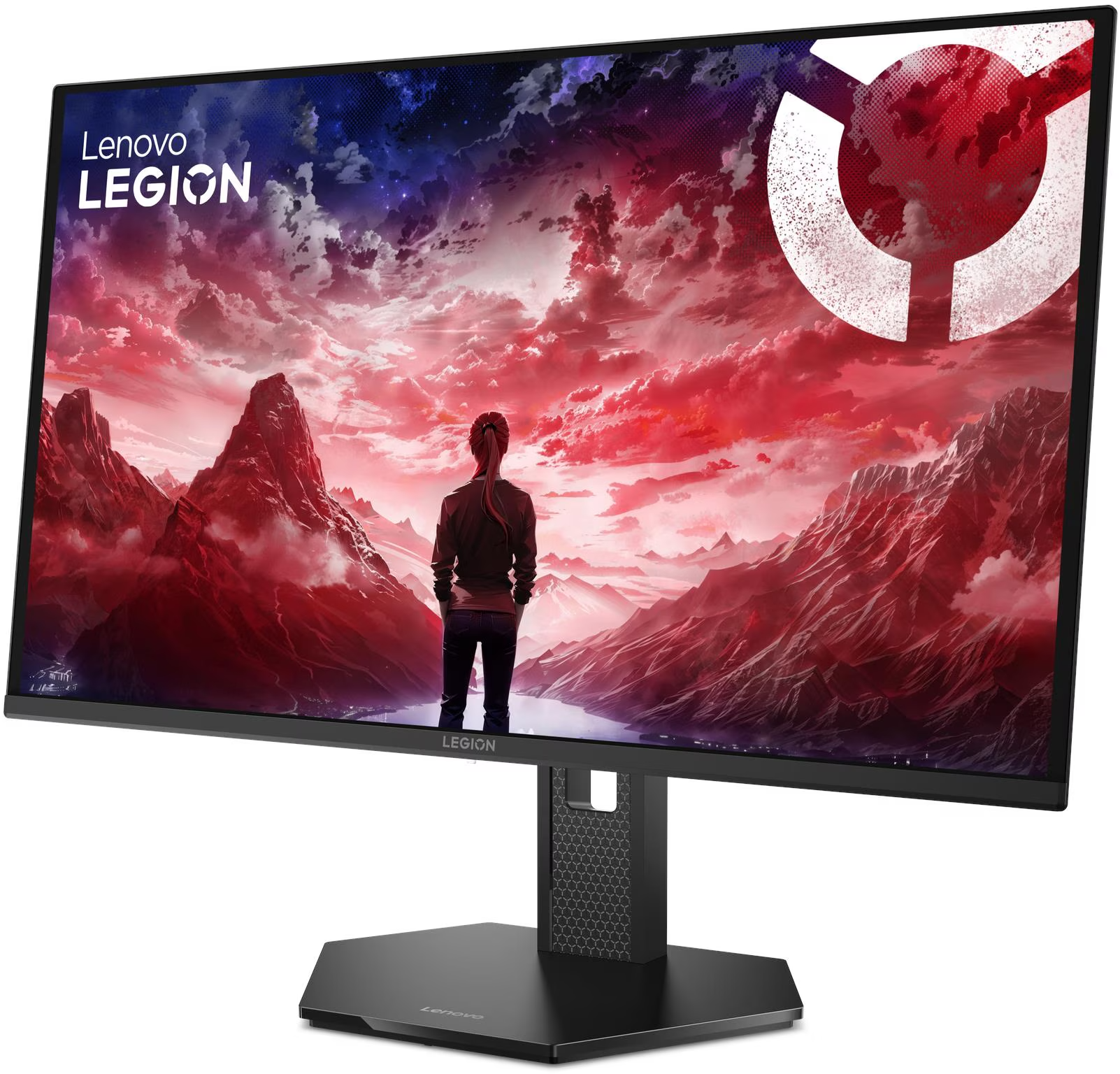 Egy Lenovo Legion gamer monitor egy vörös hegyi tájat és egy személy hátulsó nézetét jeleníti meg.