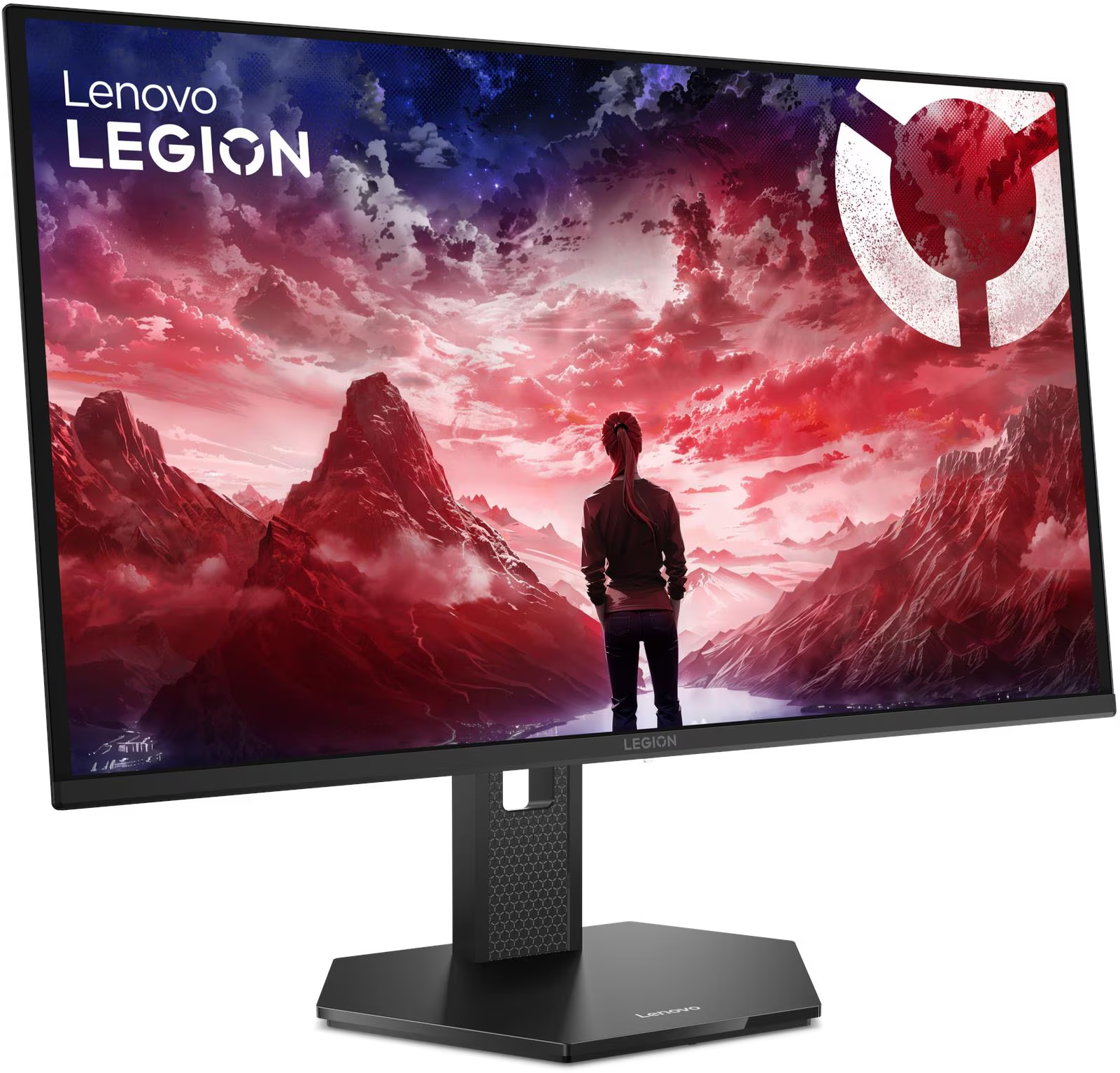 Lenovo Legion monitor vörös tónusú hegyi tájjal és egy személlyel hátulról.