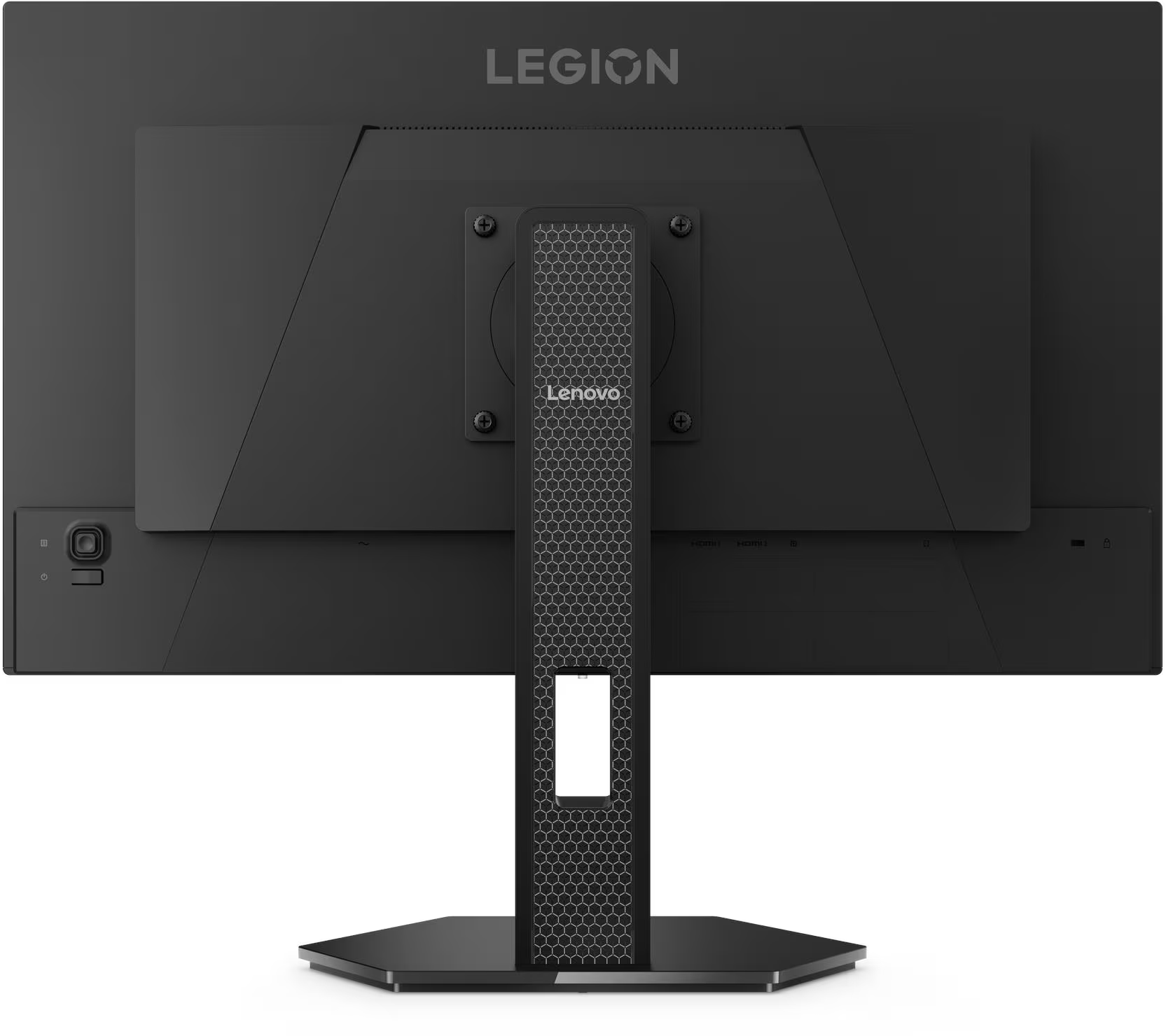 Egy fekete Lenovo Legion számítógép-monitor hátoldala állvánnyal, fehér háttérrel.