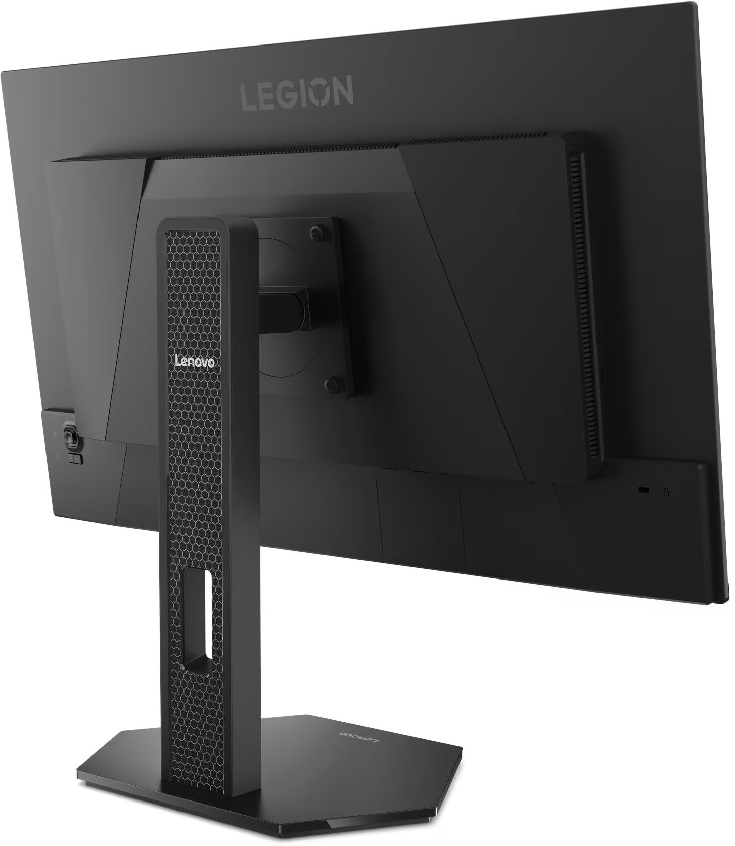 Fekete Lenovo Legion monitor hátulja texturált állvánnyal.
