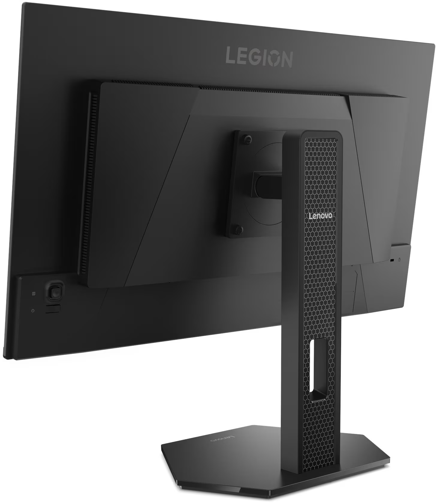 Egy fekete Lenovo Legion monitor hátulnézete hatszögletű állványon.