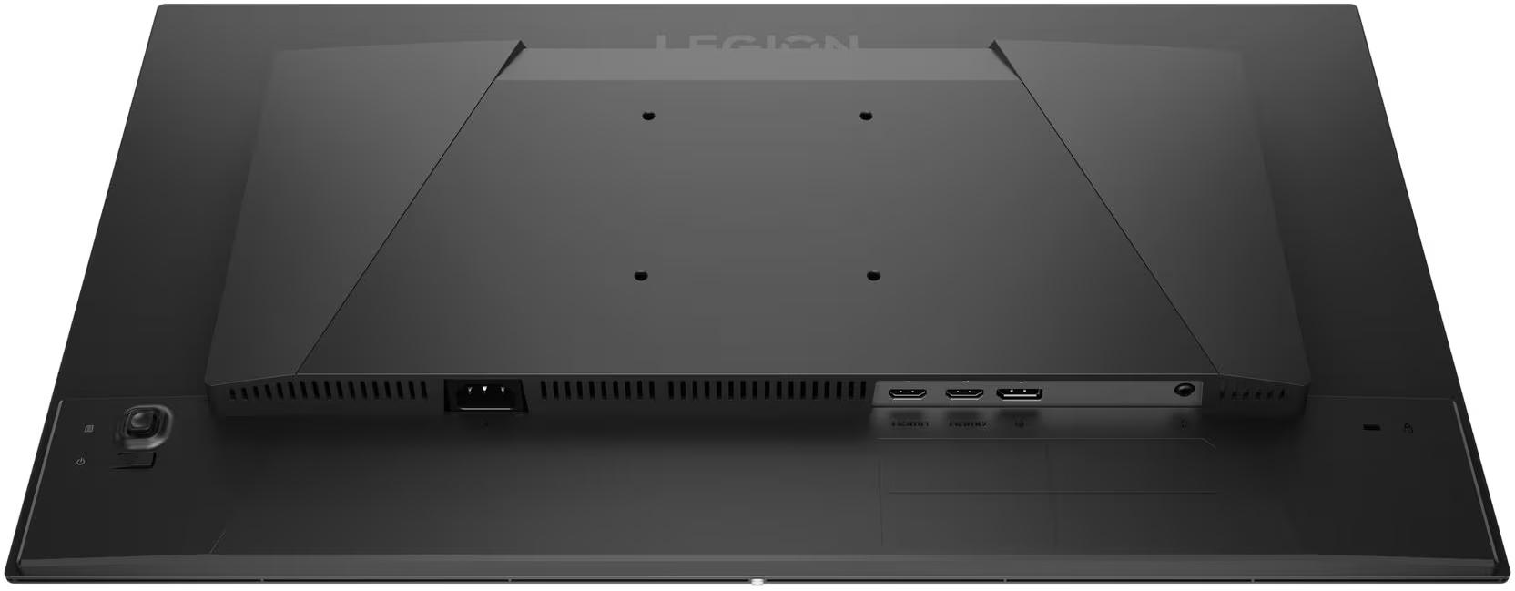 Egy fekete Lenovo Legion monitor hátoldala VESA tartóval, tápcsatlakozóval, HDMI és DisplayPort bemenetekkel.