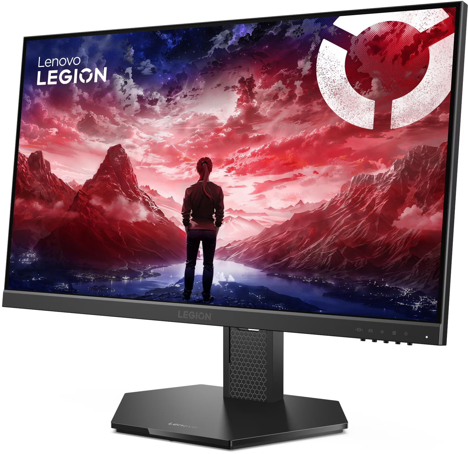 Egy Lenovo Legion monitor vörös tónusú hegyi tájat mutat egy személlyel az előtérben.