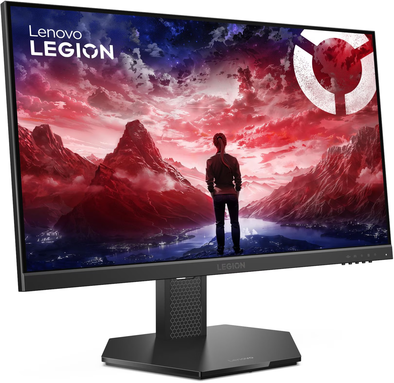 Egy Lenovo Legion monitor vörös fantáziatajat mutat, ahol egy személy a hegyeket nézi.