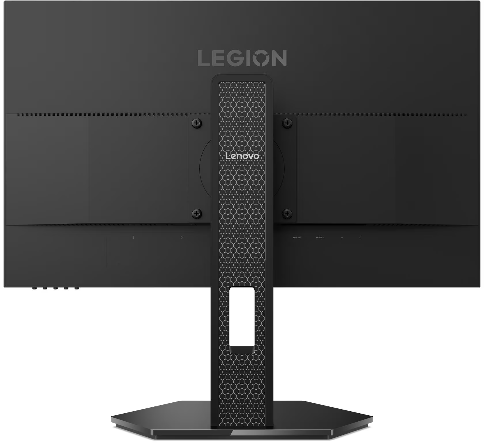 Egy fekete Lenovo Legion monitor hátulja texturált állvánnyal és lapos talppal.