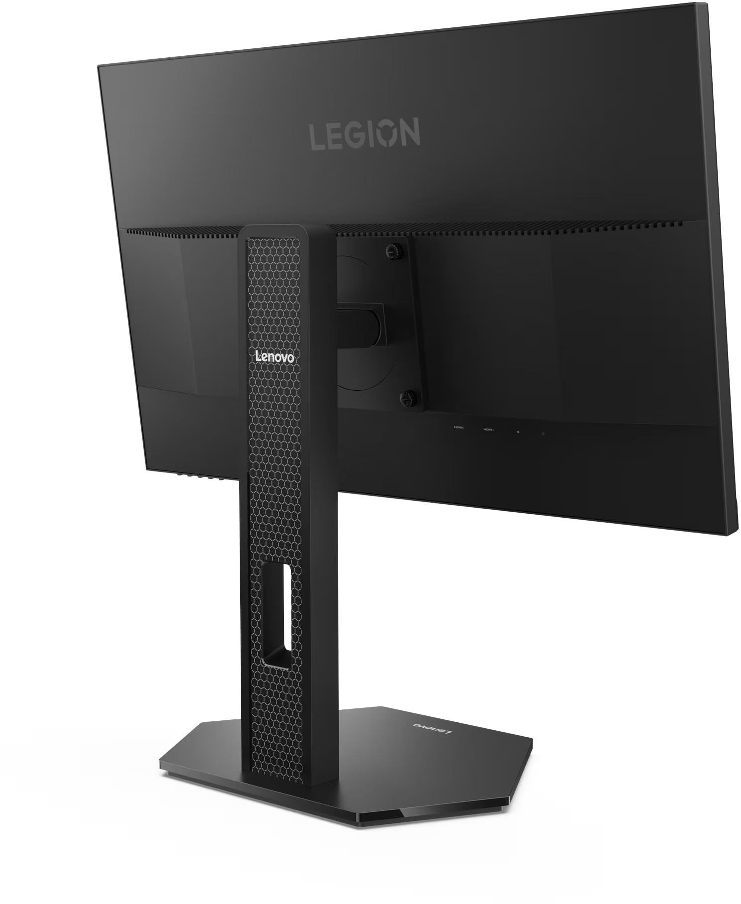 Egy fekete Lenovo Legion számítógép-monitor hátoldala állvánnyal, fehér háttér előtt.