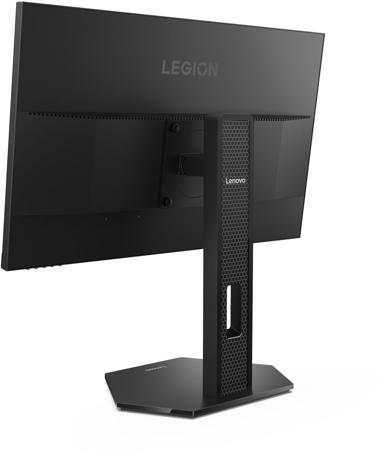 Egy fekete Lenovo Legion számítógép-monitor hátulnézete állvánnyal, fehér háttér előtt.
