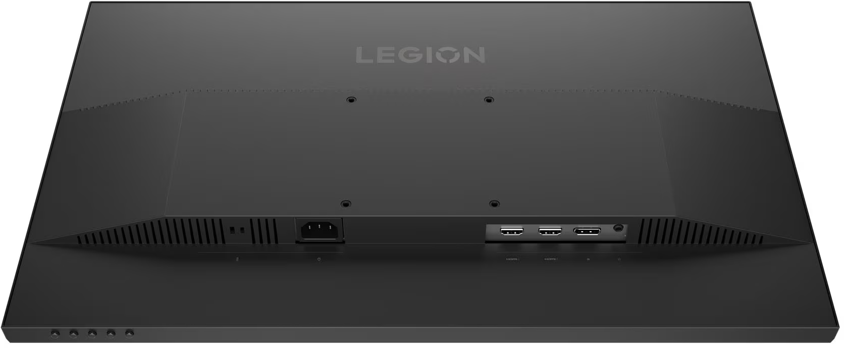 Egy fekete Legion monitor hátulja VESA rögzítéssel, tápcsatlakozóval és videóbemenetekkel.
