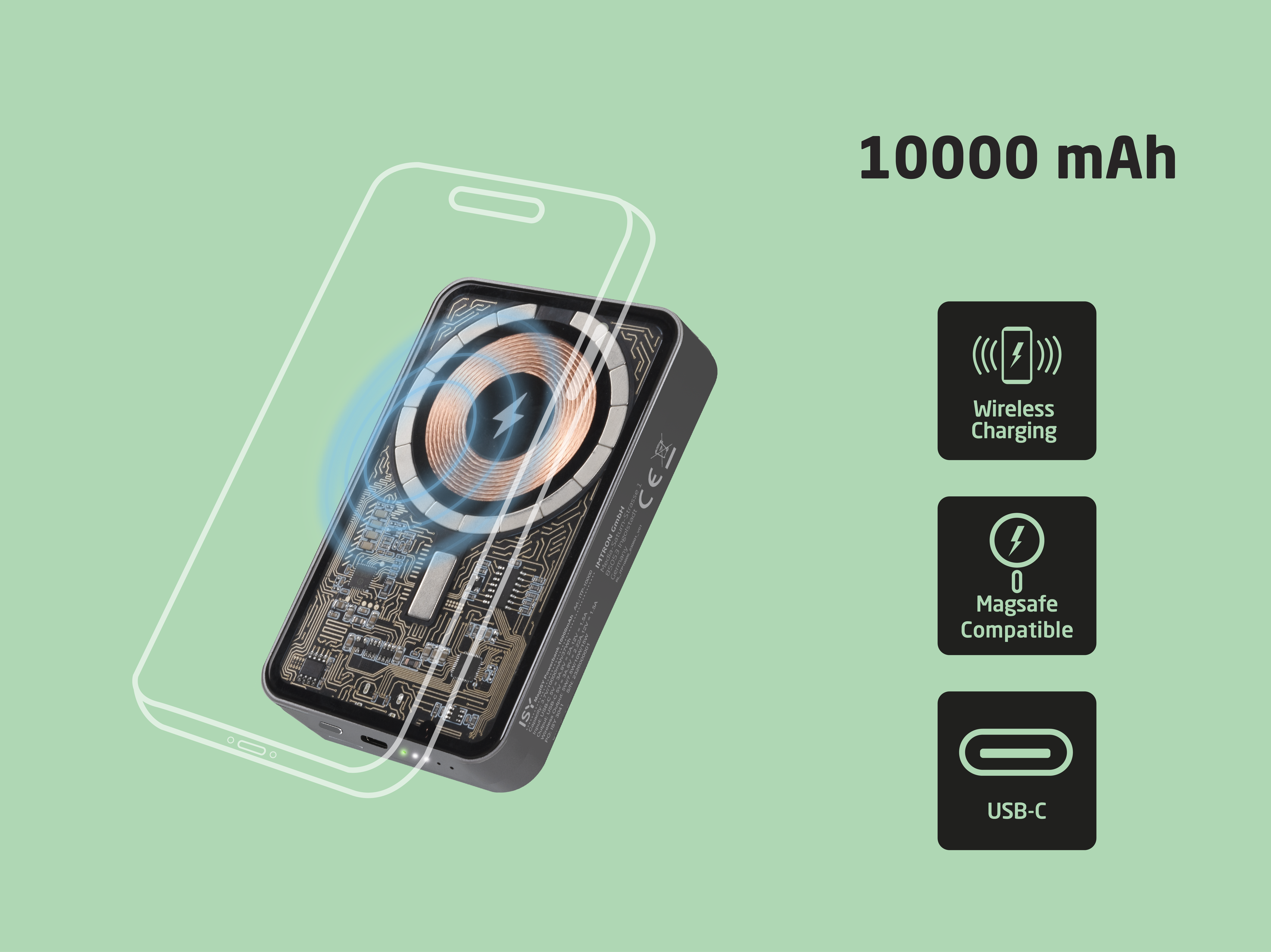 Un banco de energía de 10000 mAh con carga inalámabrica, compatibilidad con MagSafe y puerto USB-C sobre fondo verde.
