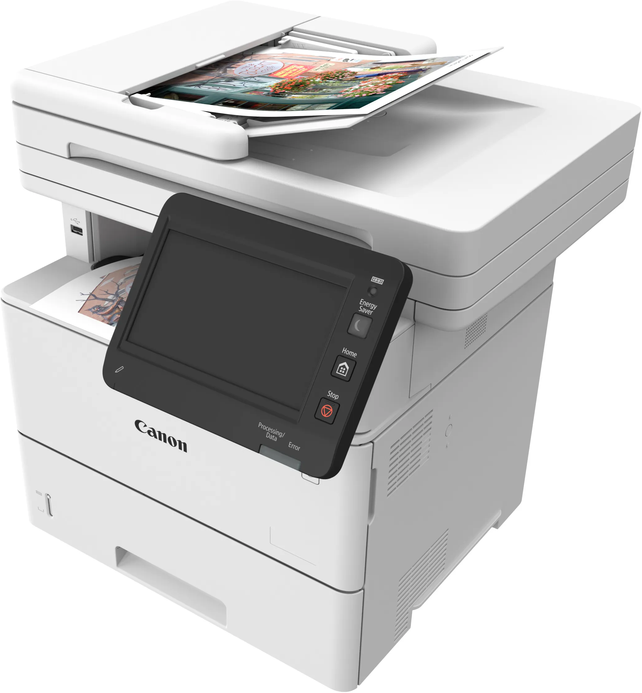 Ein weißer Canon-Multifunktionsdrucker mit Bedienfeld und Papier im Einzug.