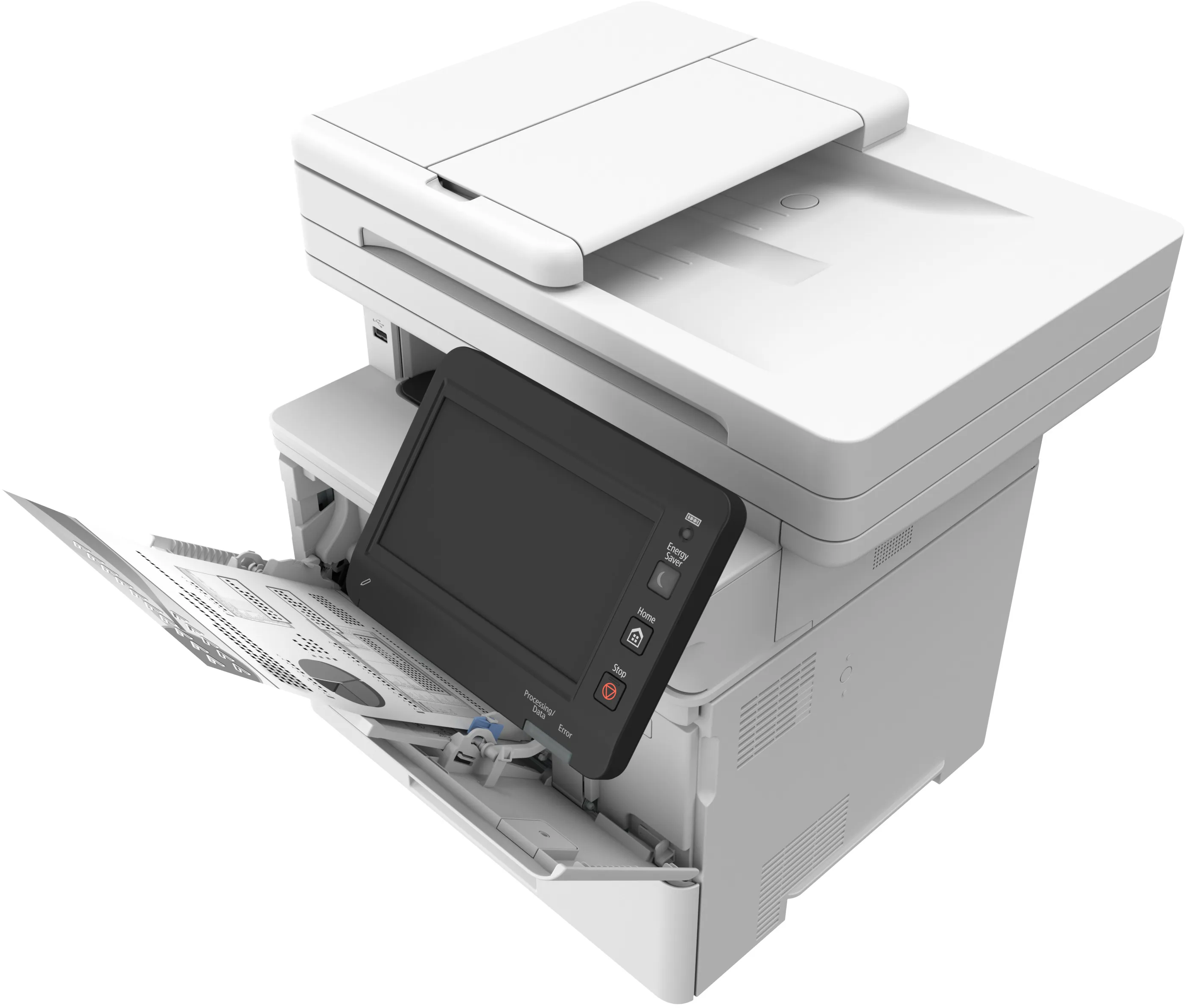 Ein weißer Multifunktionsdrucker mit einem offenen Papierfach und einem großen Touchscreen-Bedienfeld auf der Vorderseite.