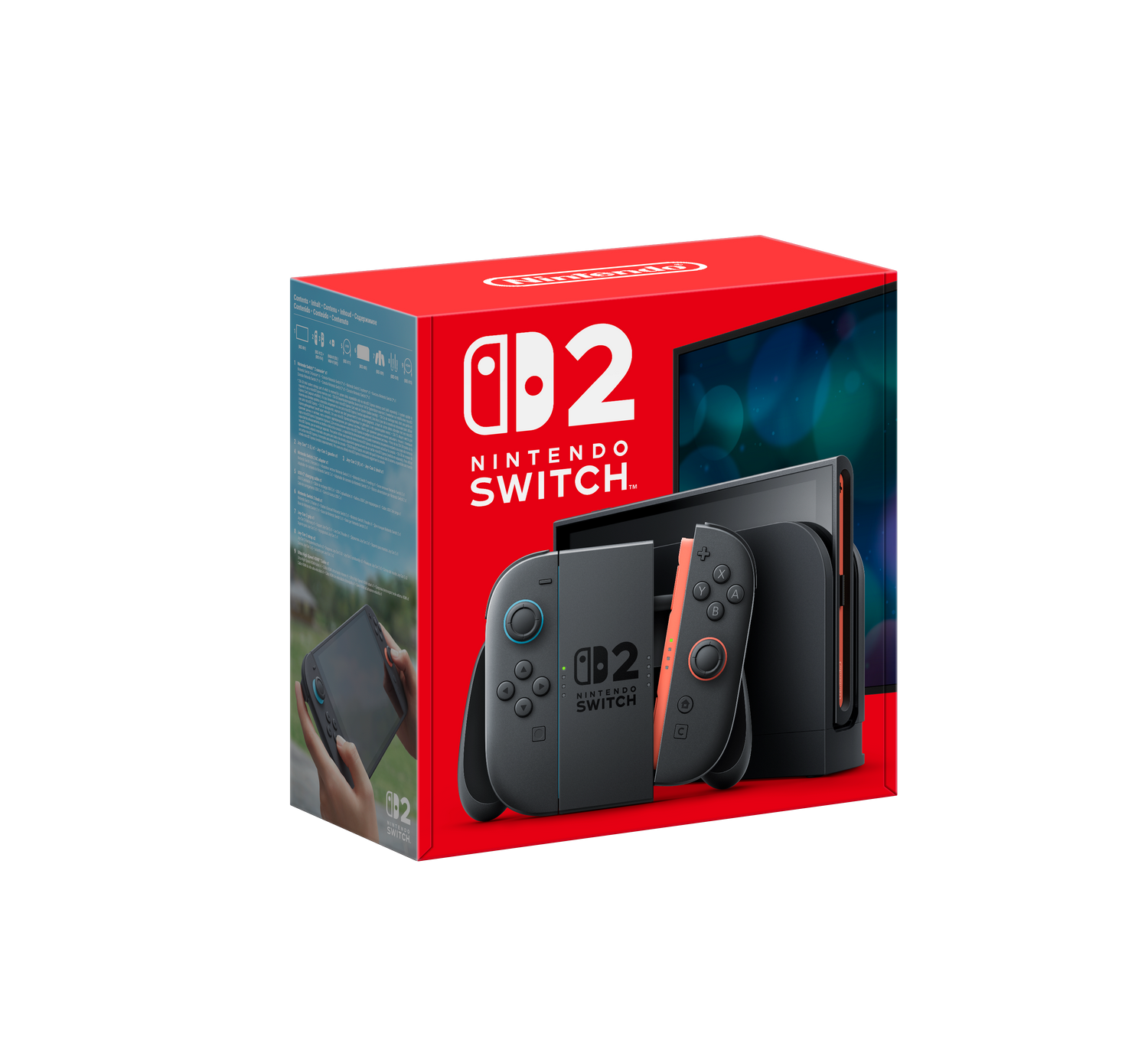 Caja roja de Nintendo Switch 2 con consola, base y mandos Joy-Con sobre fondo negro.
