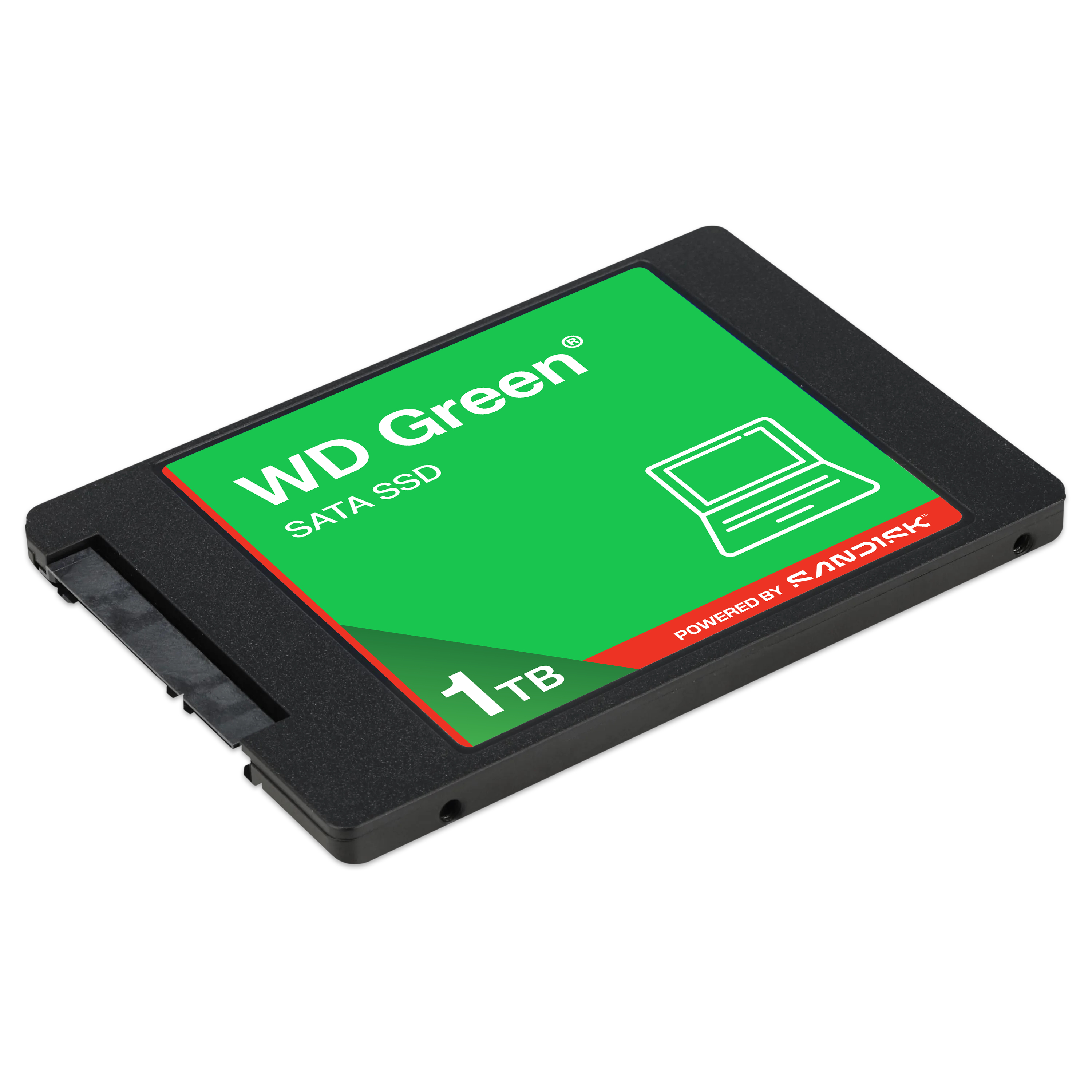 Ein WD Green 1TB SATA SSD mit schwarzem Gehäuse und grünem Etikett auf weißem Hintergrund.
