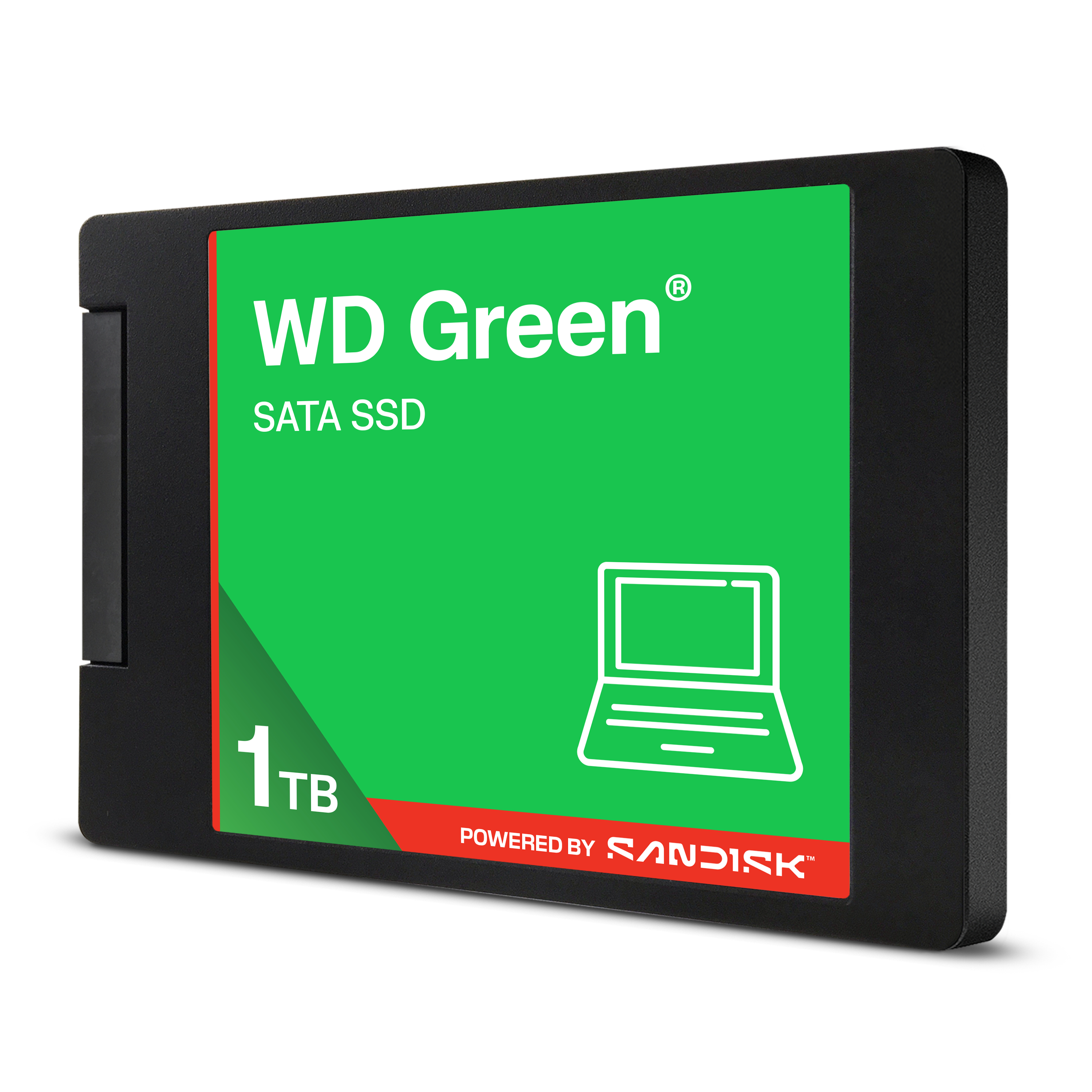 Ein schwarzes WD Green 1TB SATA SSD-Laufwerk mit grünem Aufkleber, Laptop-Symbol und Sandisk-Logo auf weißem Hintergrund.