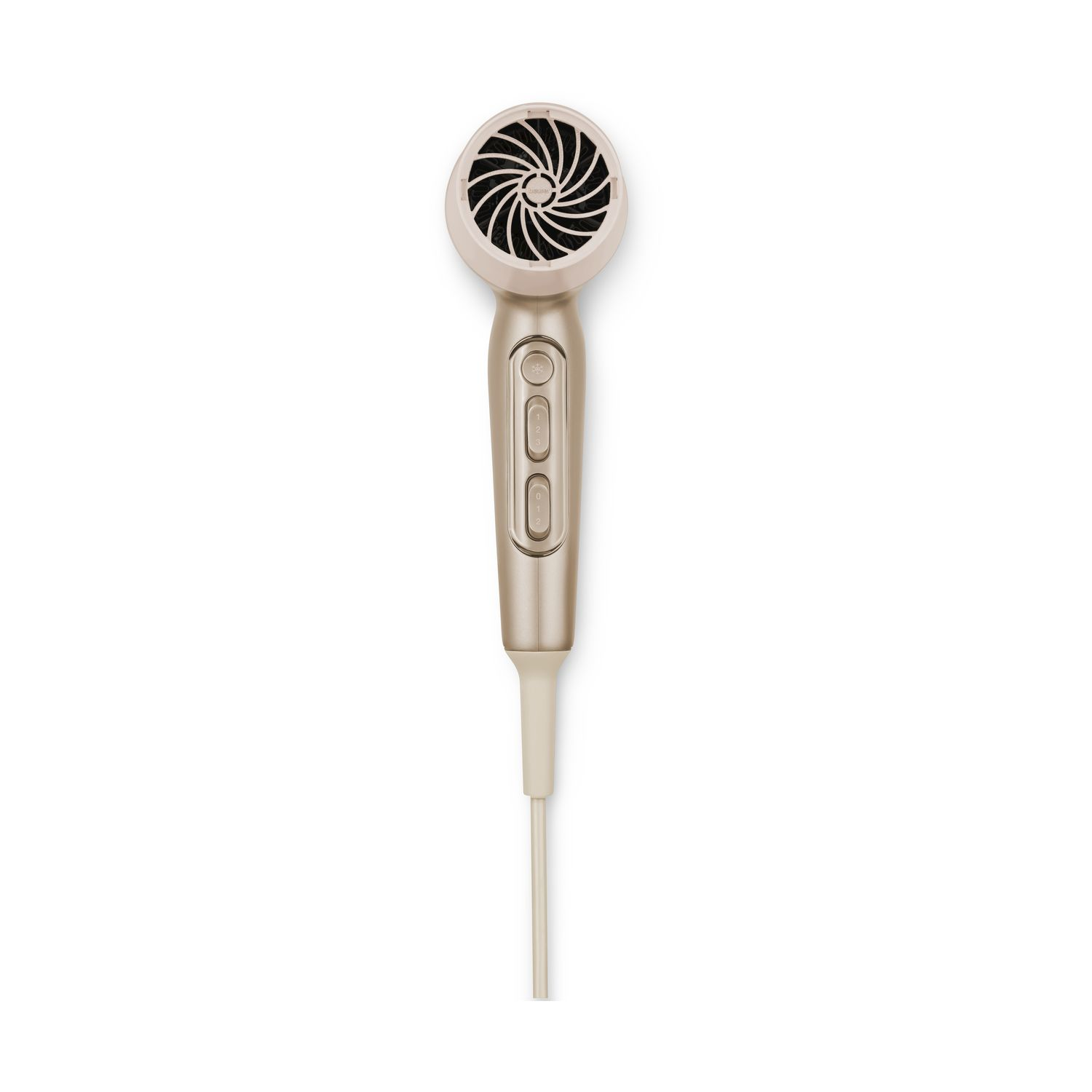 Un elegante asciugacapelli beige con griglia circolare, pulsanti di controllo sul manico e cavo di alimentazione.