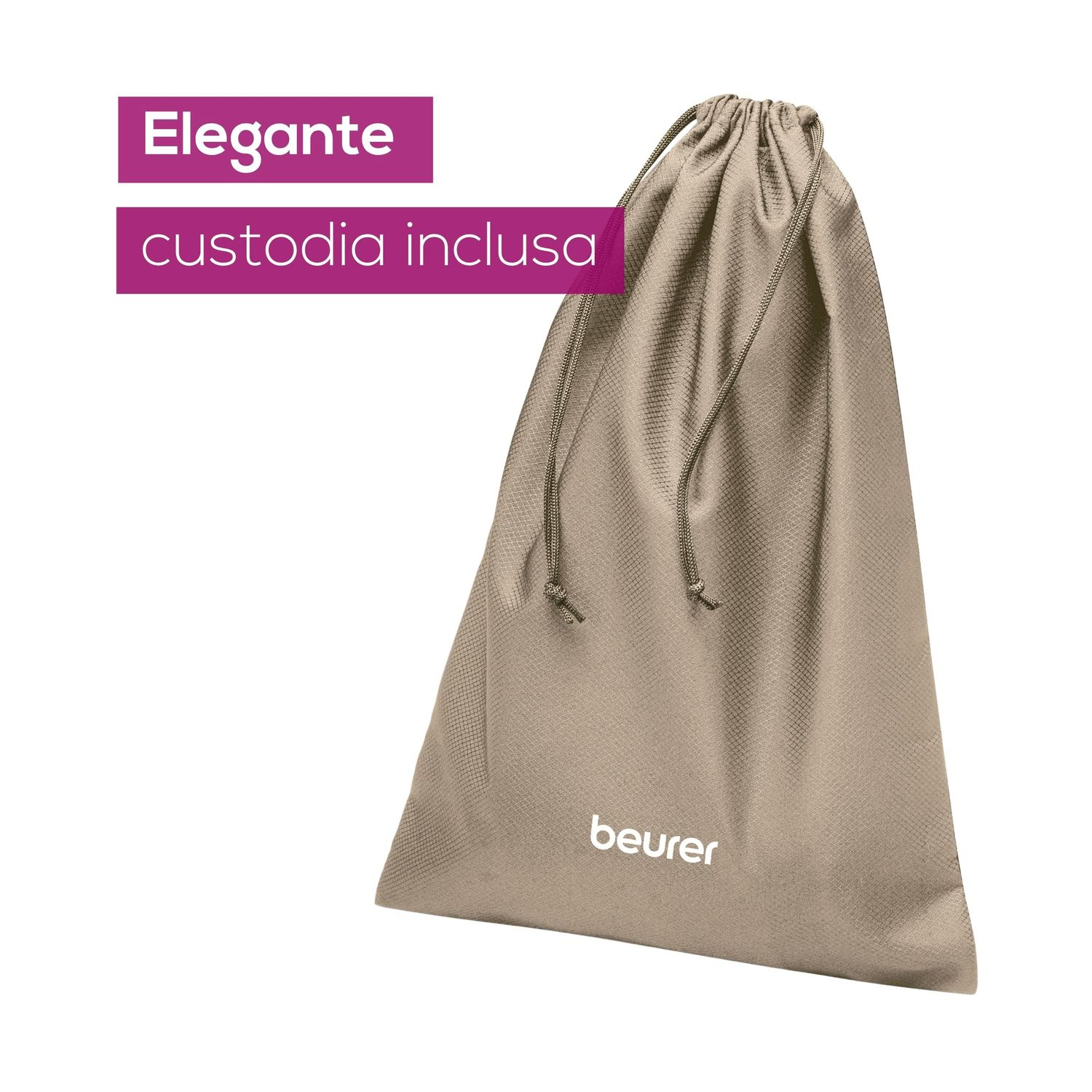 Una custodia con coulisse beige Beurer su sfondo bianco.