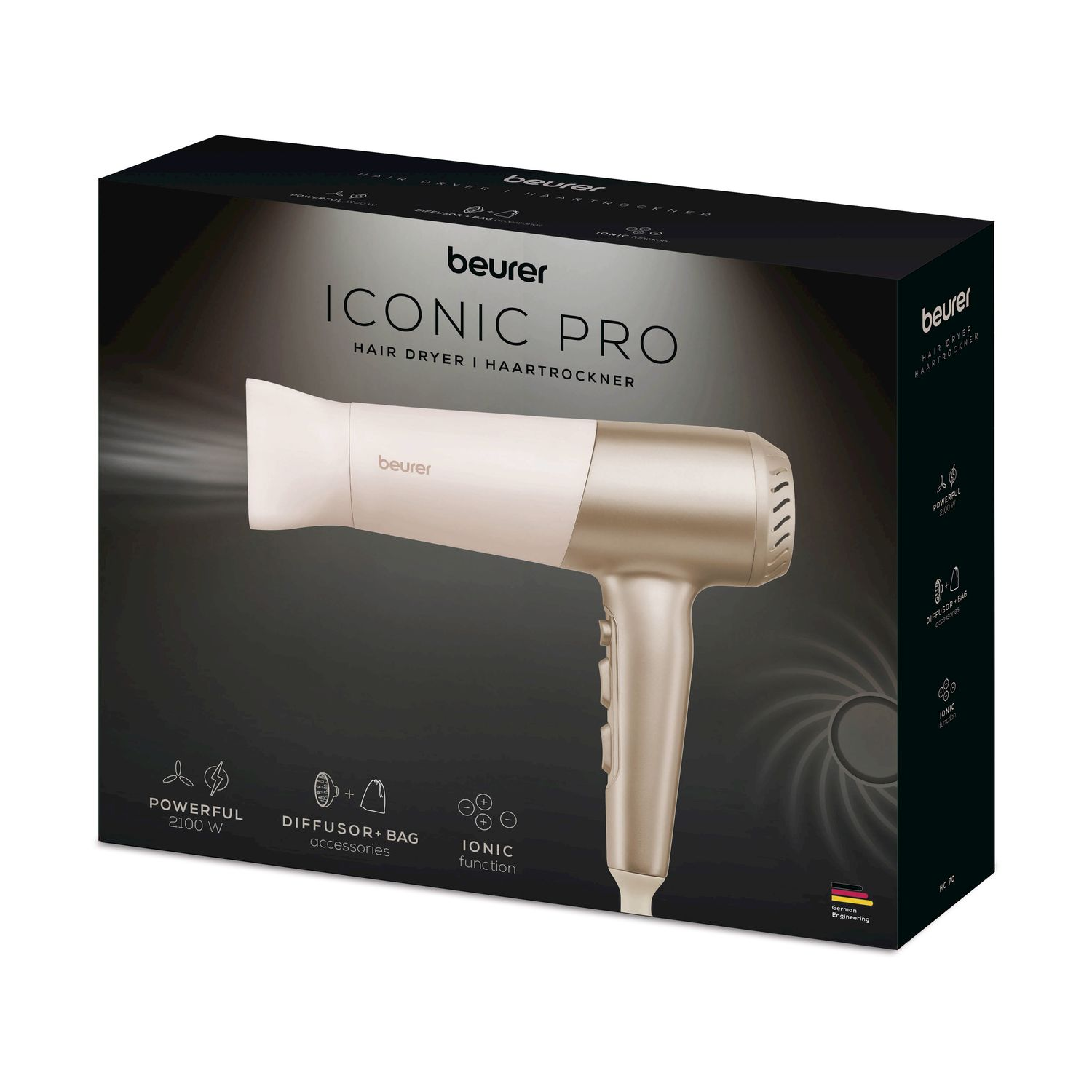 Asciugacapelli Beurer Iconic Pro in oro e bianco, esposto su una confezione nera.