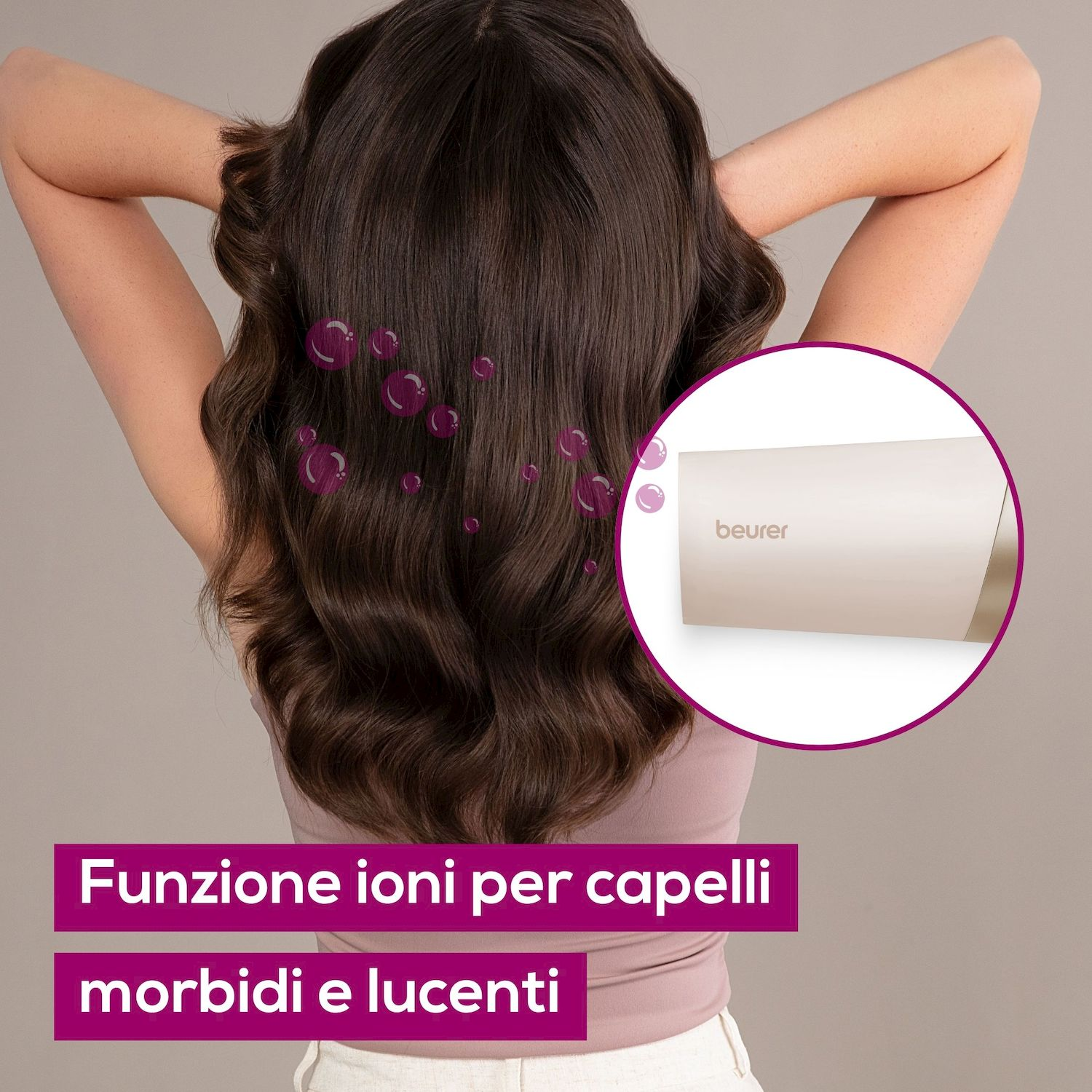 Donna con capelli castani di schiena, dettaglio di spazzola e testo sulla funzione ioni.