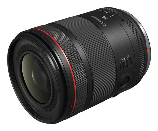 Ein schwarzes Canon-Kameraobjektiv mit gerippten Ringen auf weißem Hintergrund.