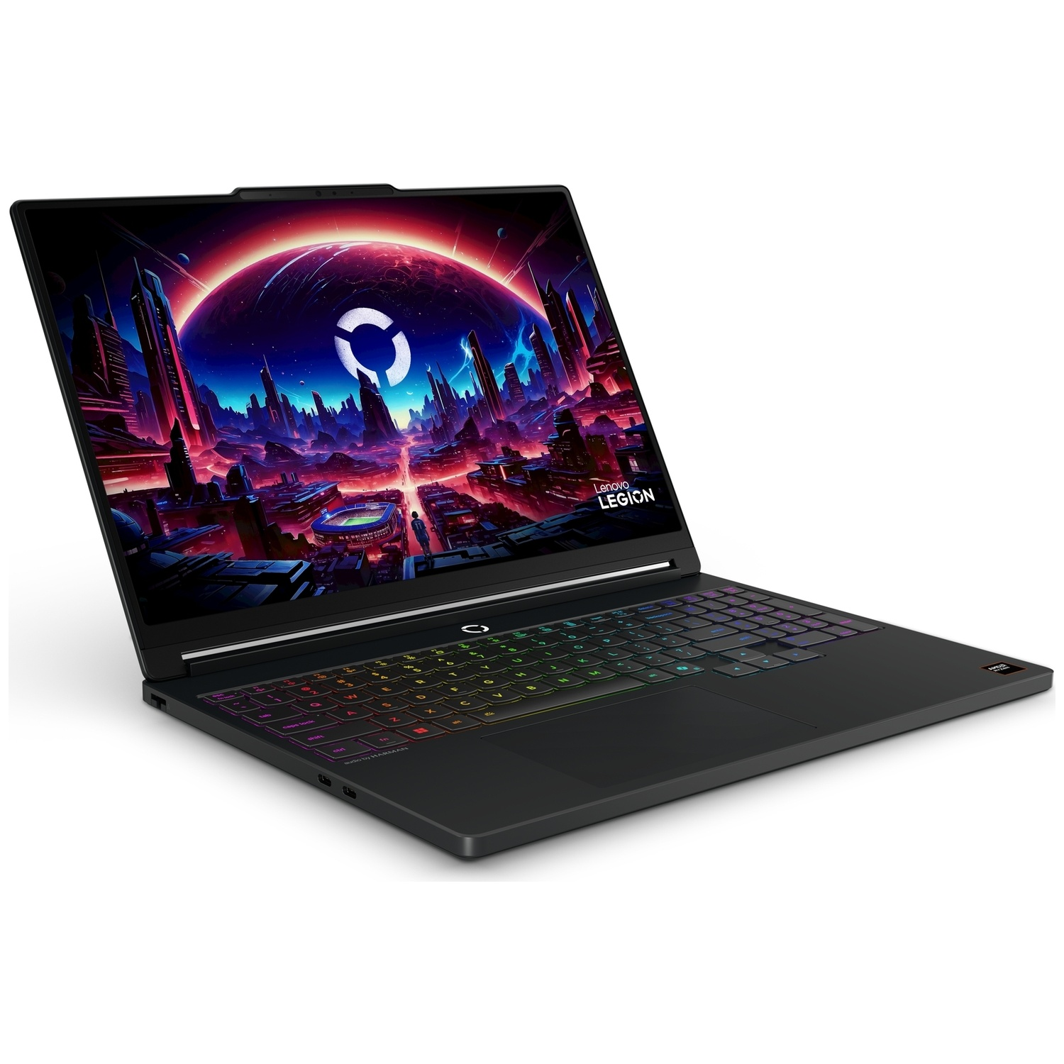 A black Lenovo Legion gaming laptop is shown open, featuring an illuminated keyboard and a vibrant city wallpaper.