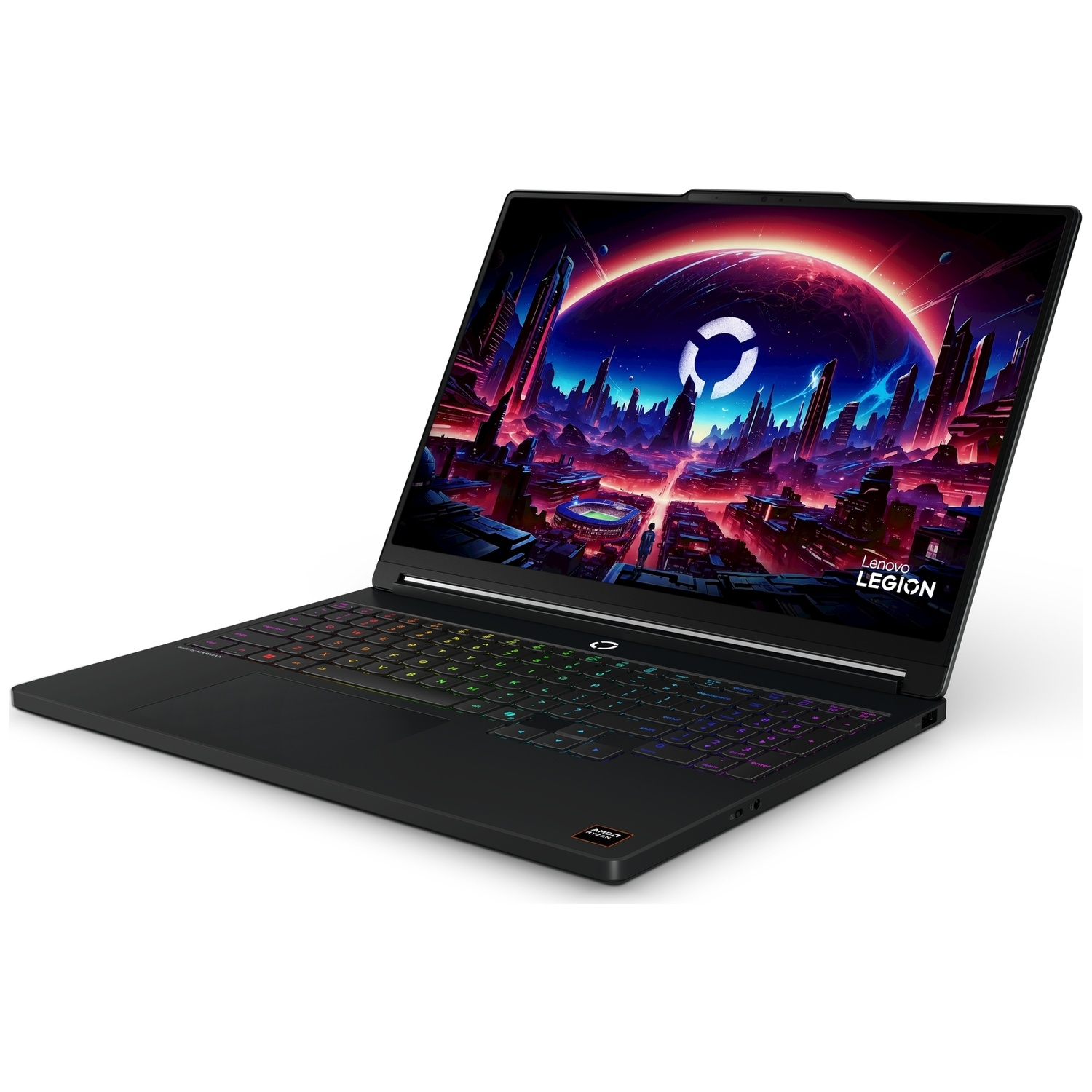Black Lenovo Legion laptop with backlit keyboard and colorful sci-fi wallpaper.