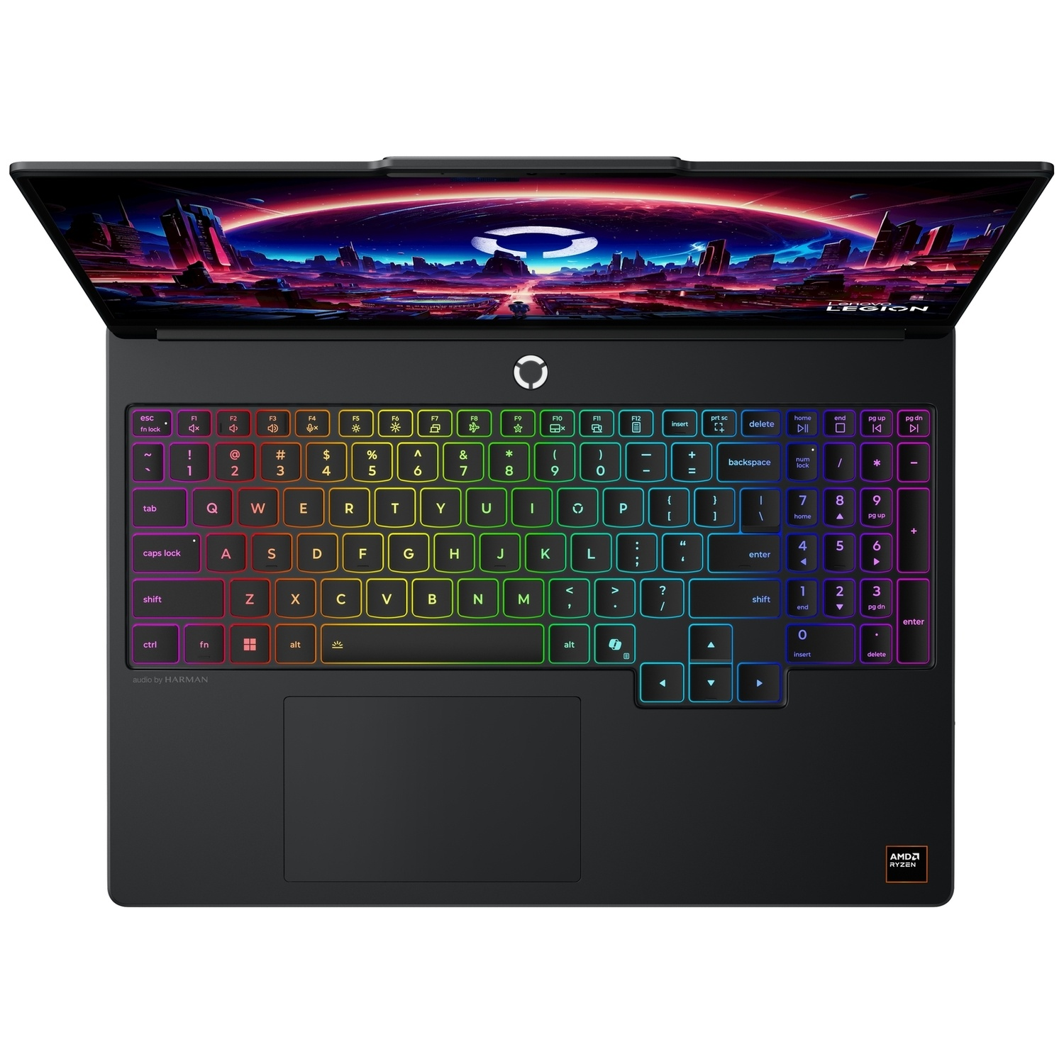 A black laptop viewed from above, featuring an RGB backlit keyboard and a screen displaying a futuristic city.