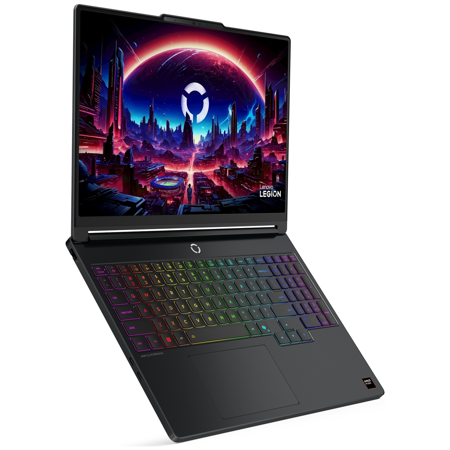 Black Lenovo Legion laptop with illuminated keyboard and futuristic cityscape wallpaper on the screen.