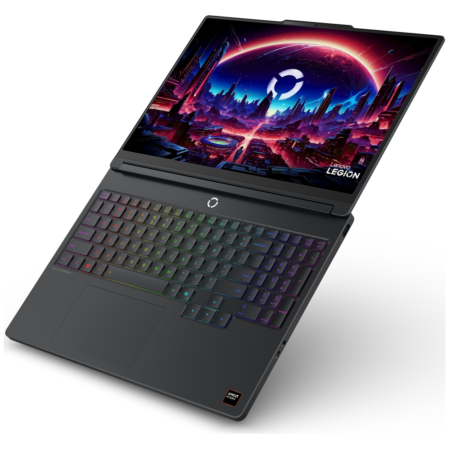 A black Lenovo Legion laptop with RGB backlit keyboard displays a vibrant futuristic cyberpunk wallpaper.