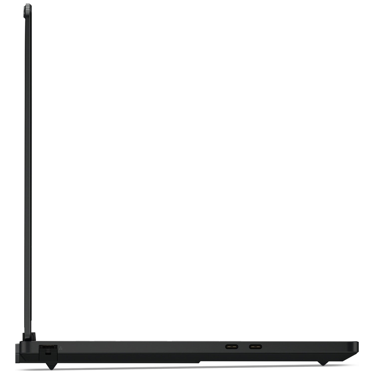 A side view of a black laptop on a white background, showing two USB-C ports.