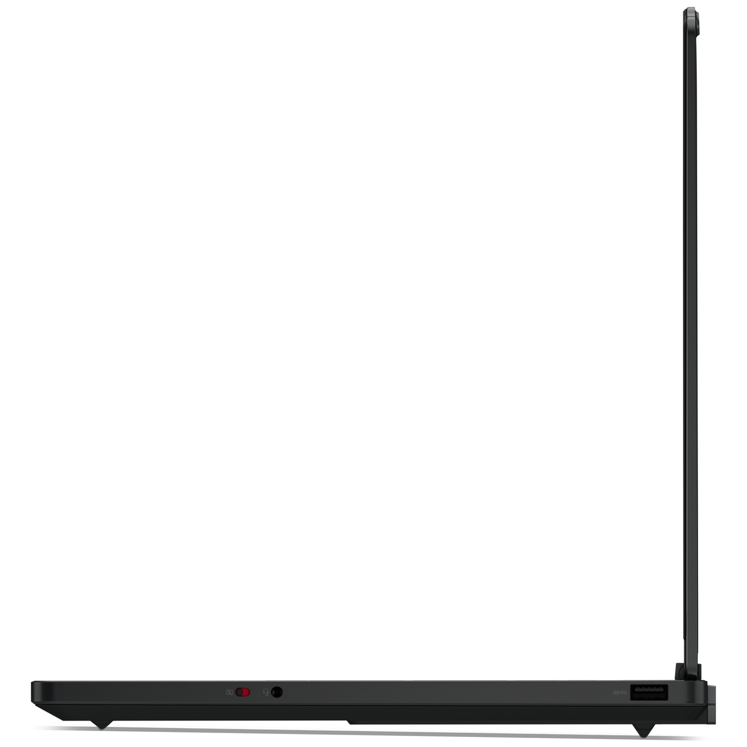 Side view of a black laptop showing ports and switches on the side against a white background.
