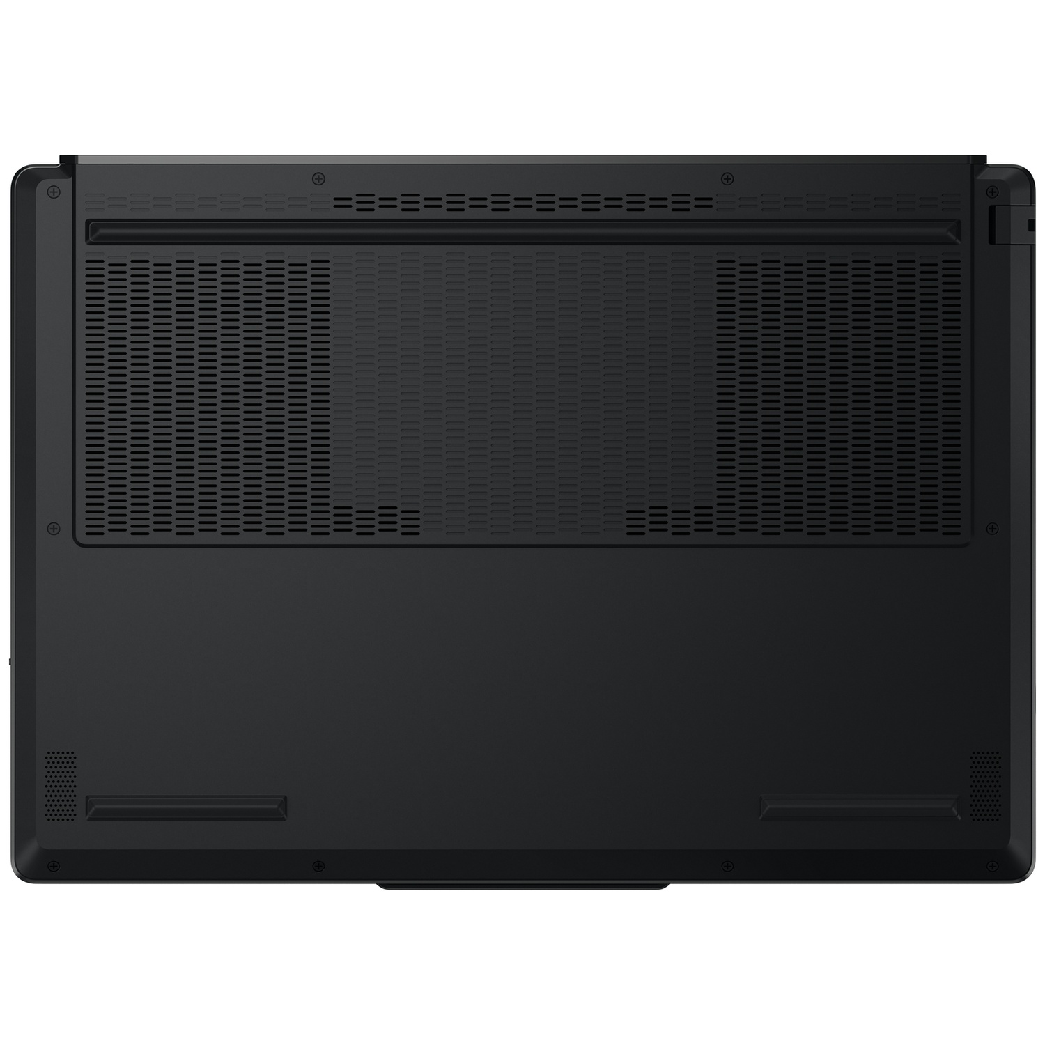 Bottom view of a black laptop featuring large ventilation grilles and four small rubber feet.